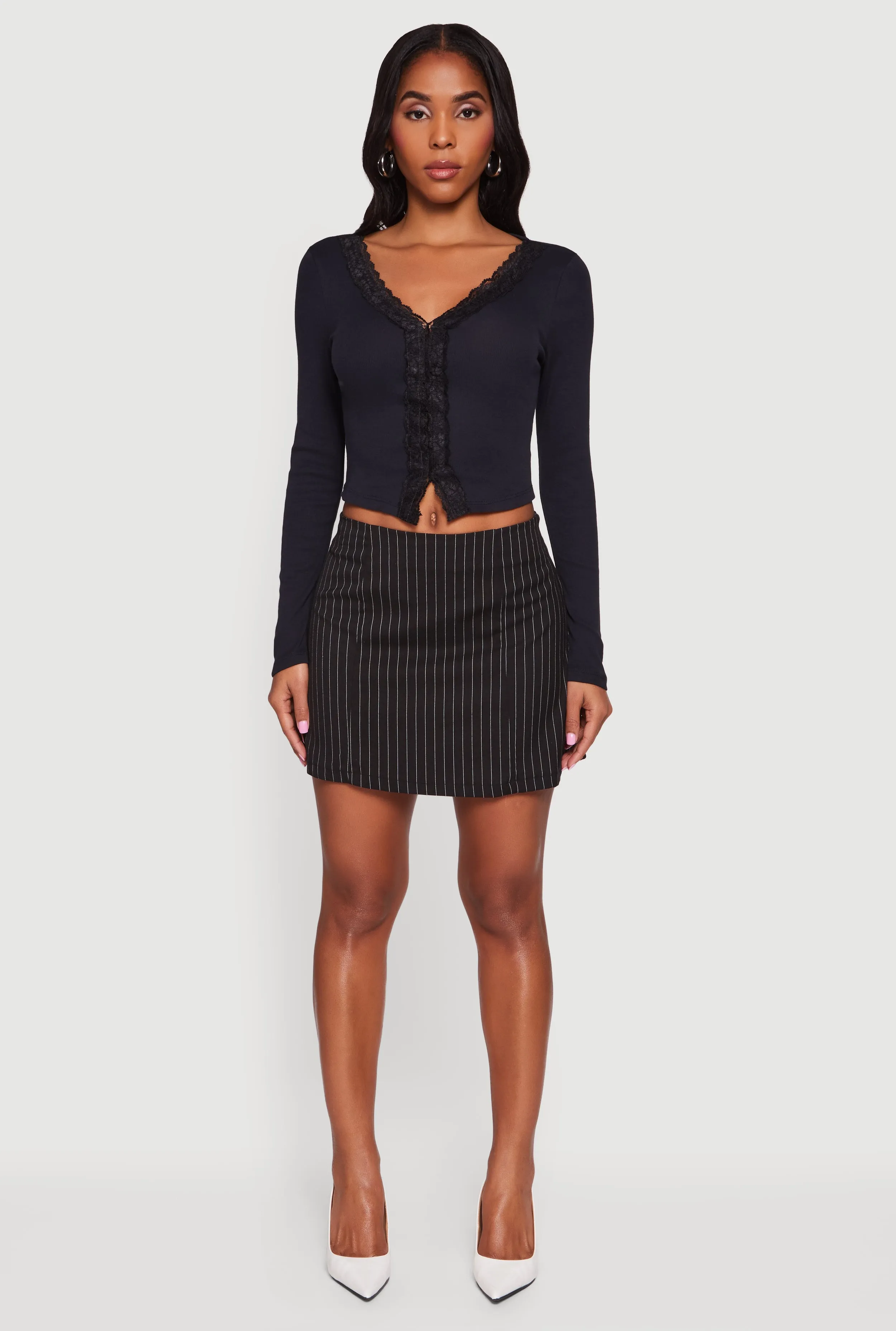 Long Sleeve Lace Trim Crop Top sold by Rainbow product image thumbnail 3