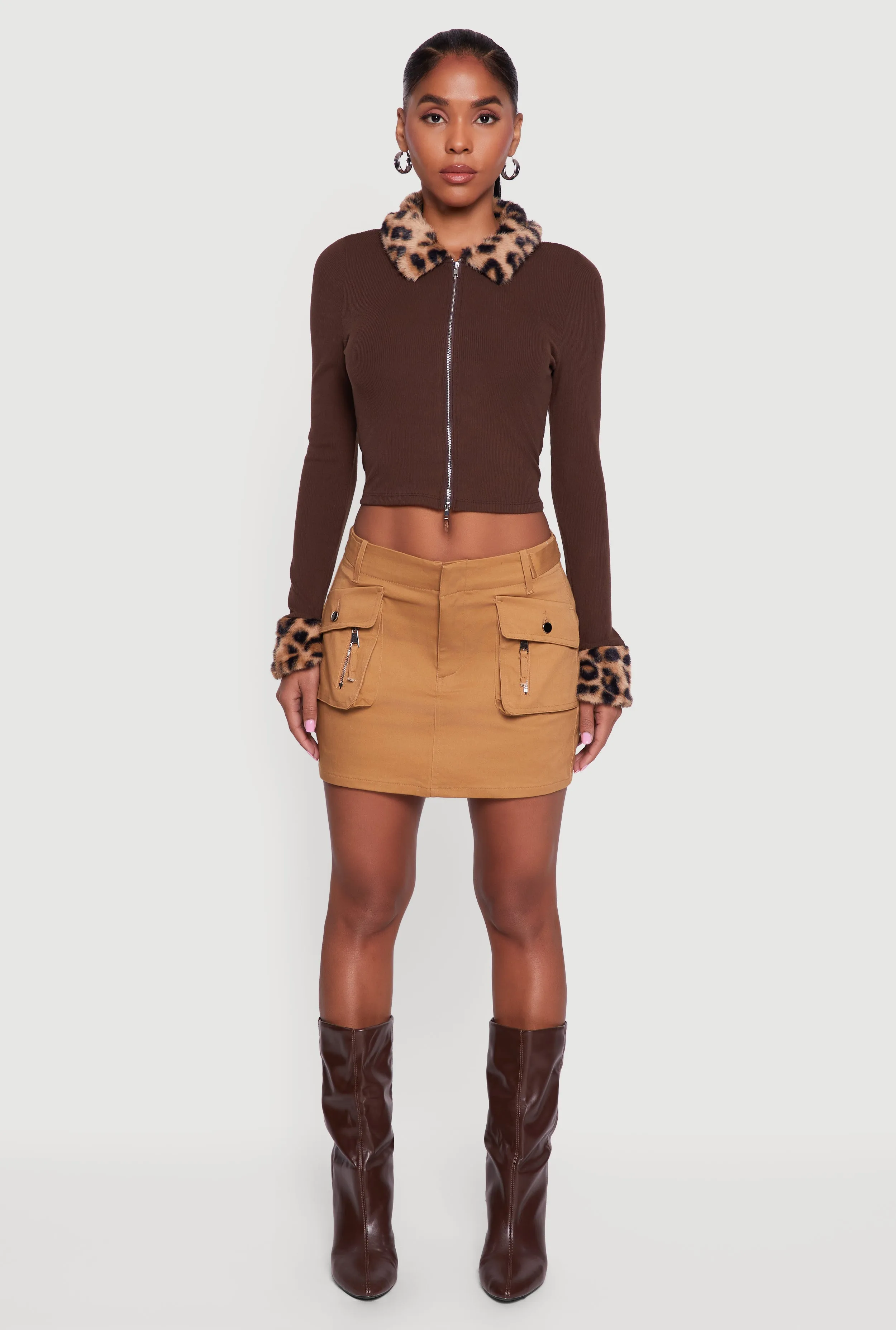 Leopard Print Faux Fur Trim Zip Front Crop Top sold by Rainbow product image thumbnail 3