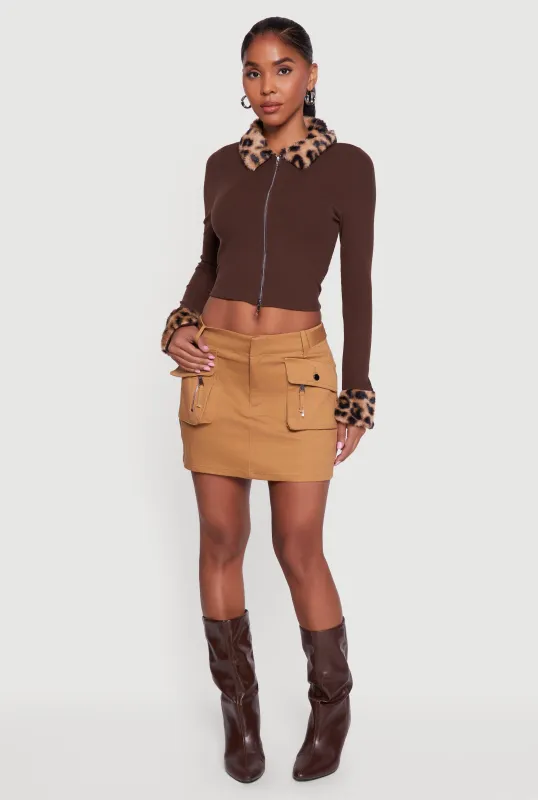 Leopard Print Faux Fur Trim Zip Front Crop Top sold by Rainbow