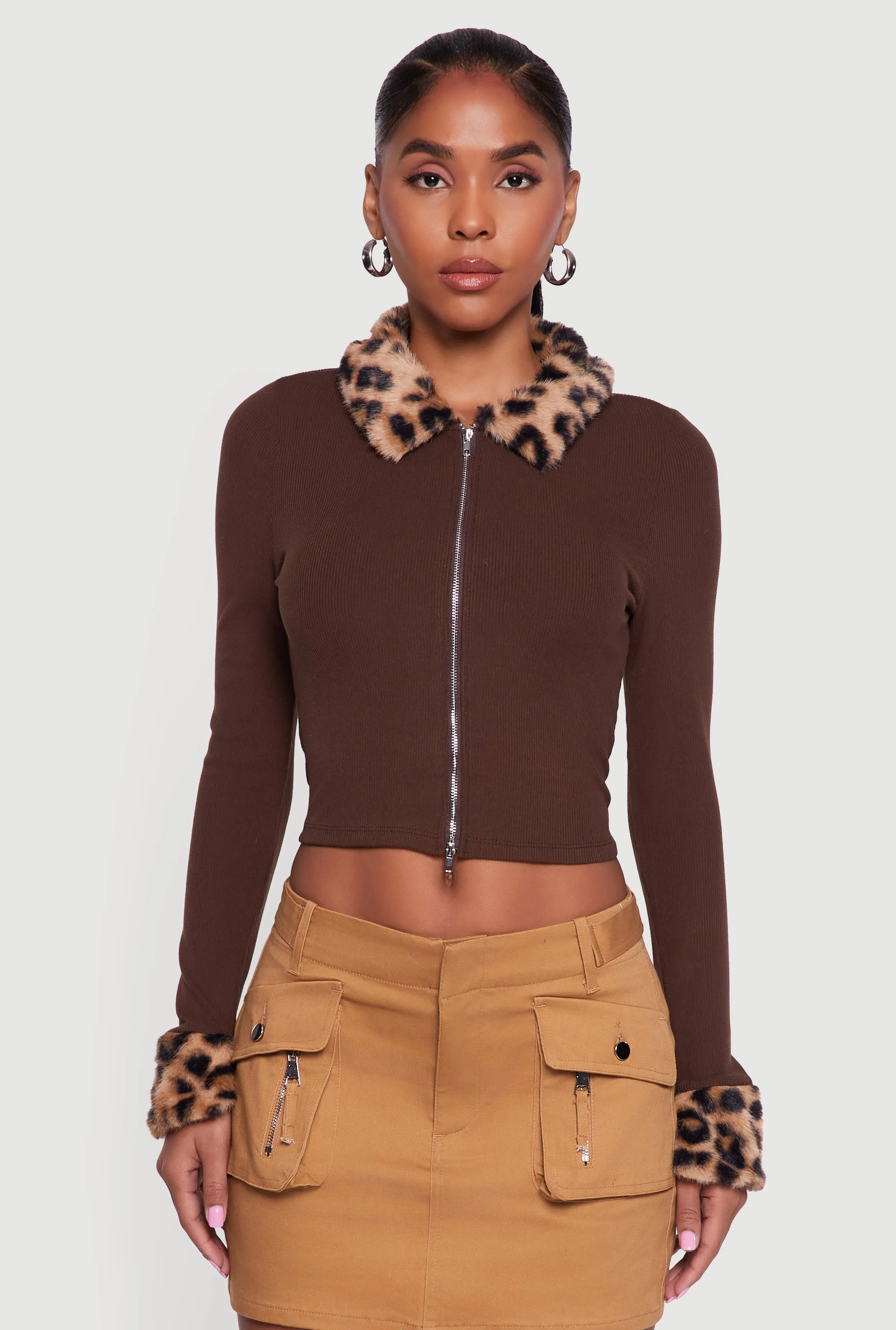 Leopard Print Faux Fur Trim Zip Front Crop Top sold by Rainbow product image thumbnail 2