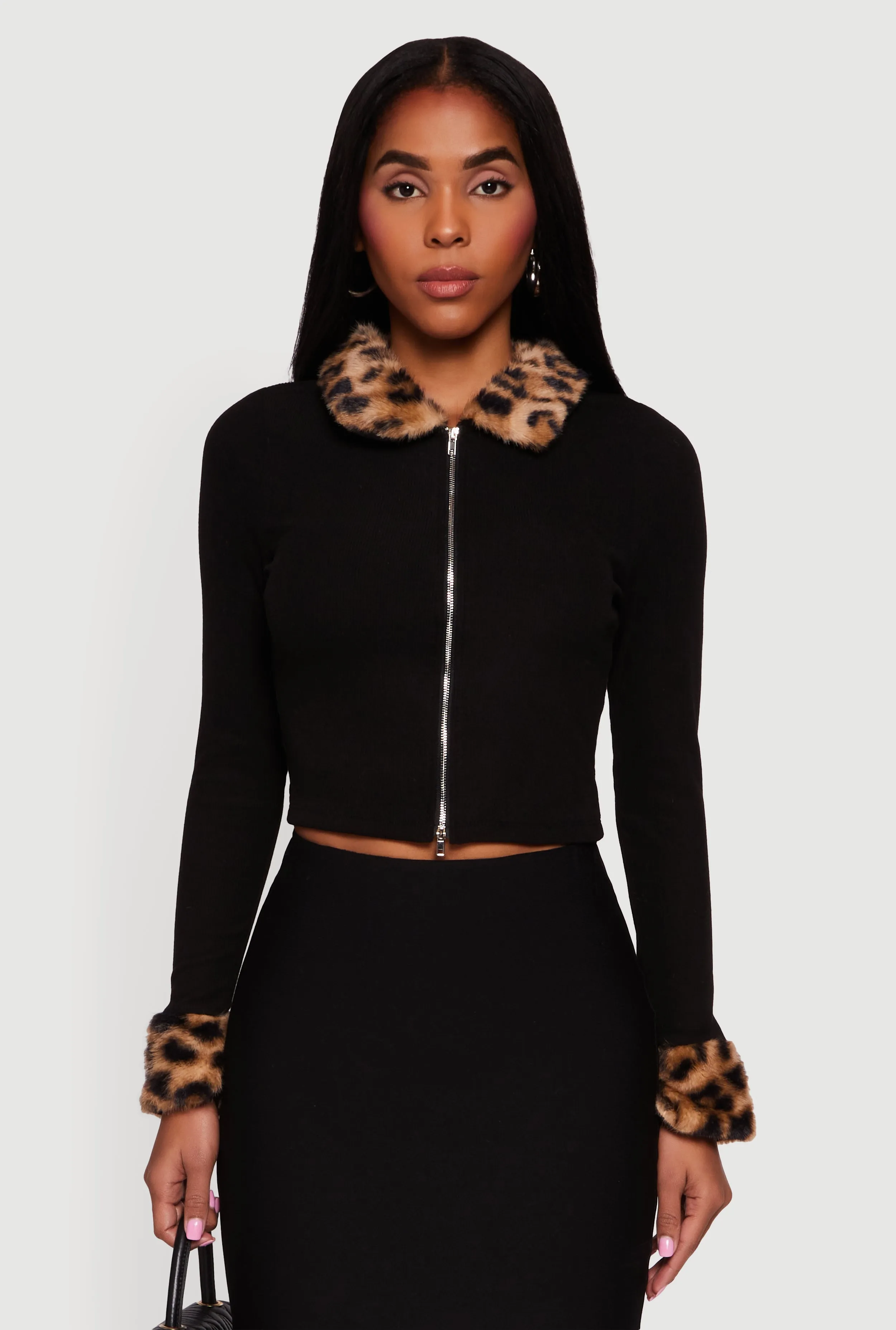 Leopard Print Faux Fur Trim Zip Front Crop Top sold by Rainbow product image thumbnail 2