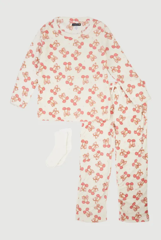Cherry Bow Print Plush Pajama 3 Piece Gift Set sold by Rainbow