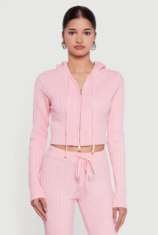 Cropped Rib Knit Trim Cable Knit Sweater Hoodie sold by Rainbow