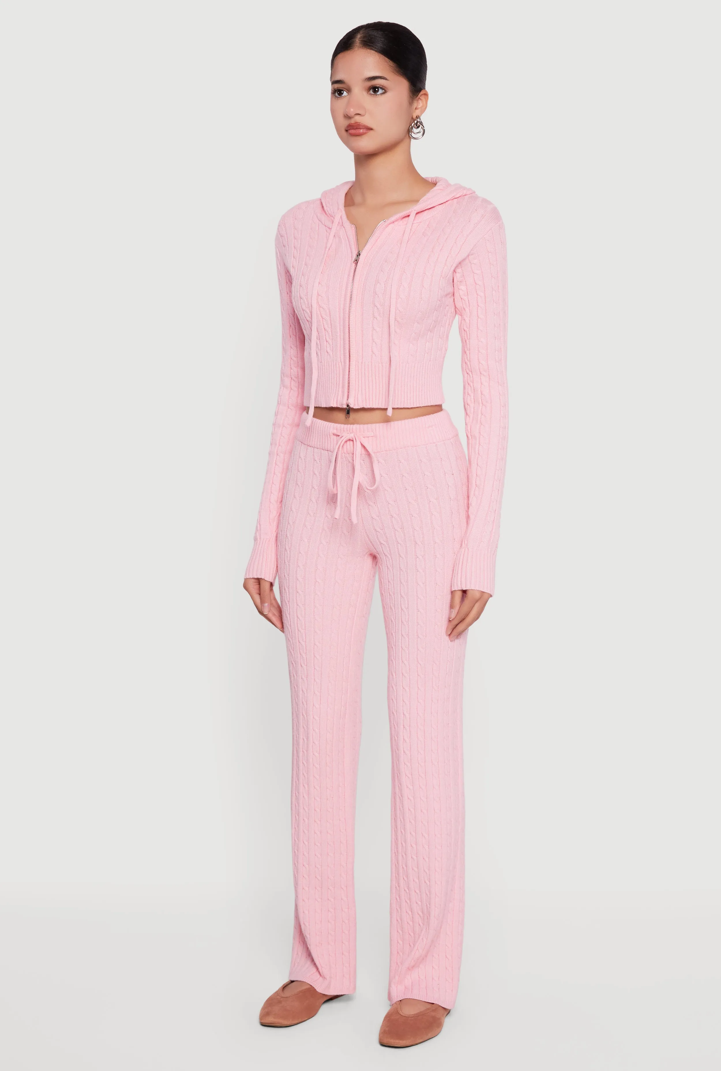 Cropped Rib Knit Trim Cable Knit Sweater Hoodie sold by Rainbow product image thumbnail 5