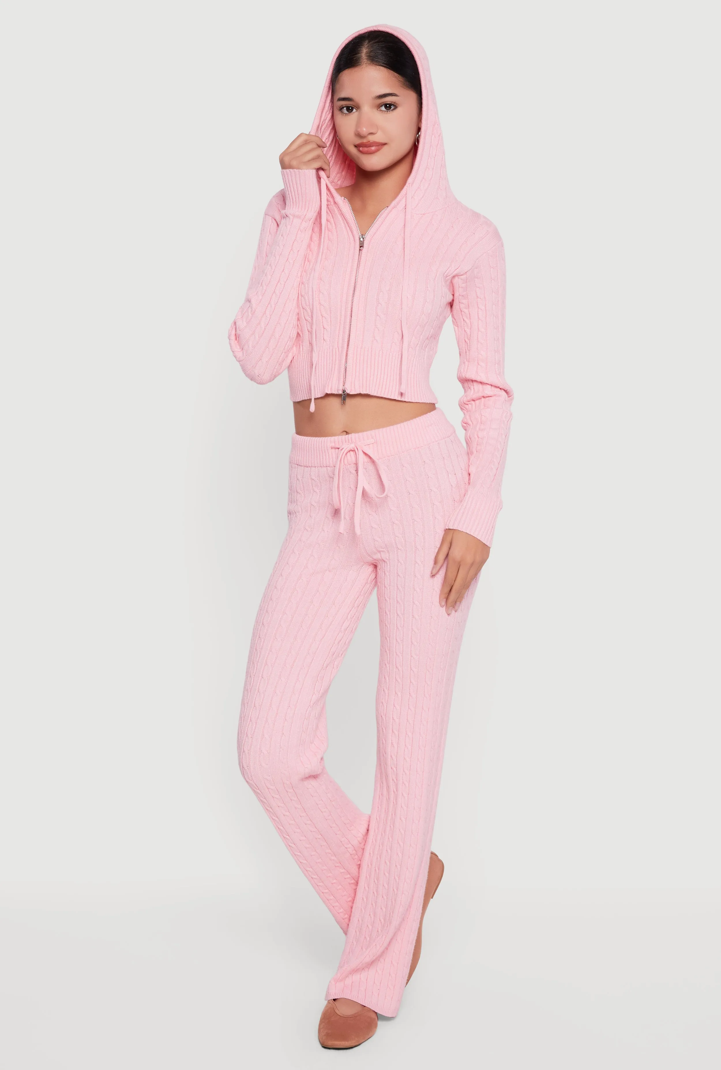 Cropped Rib Knit Trim Cable Knit Sweater Hoodie sold by Rainbow product image thumbnail 2