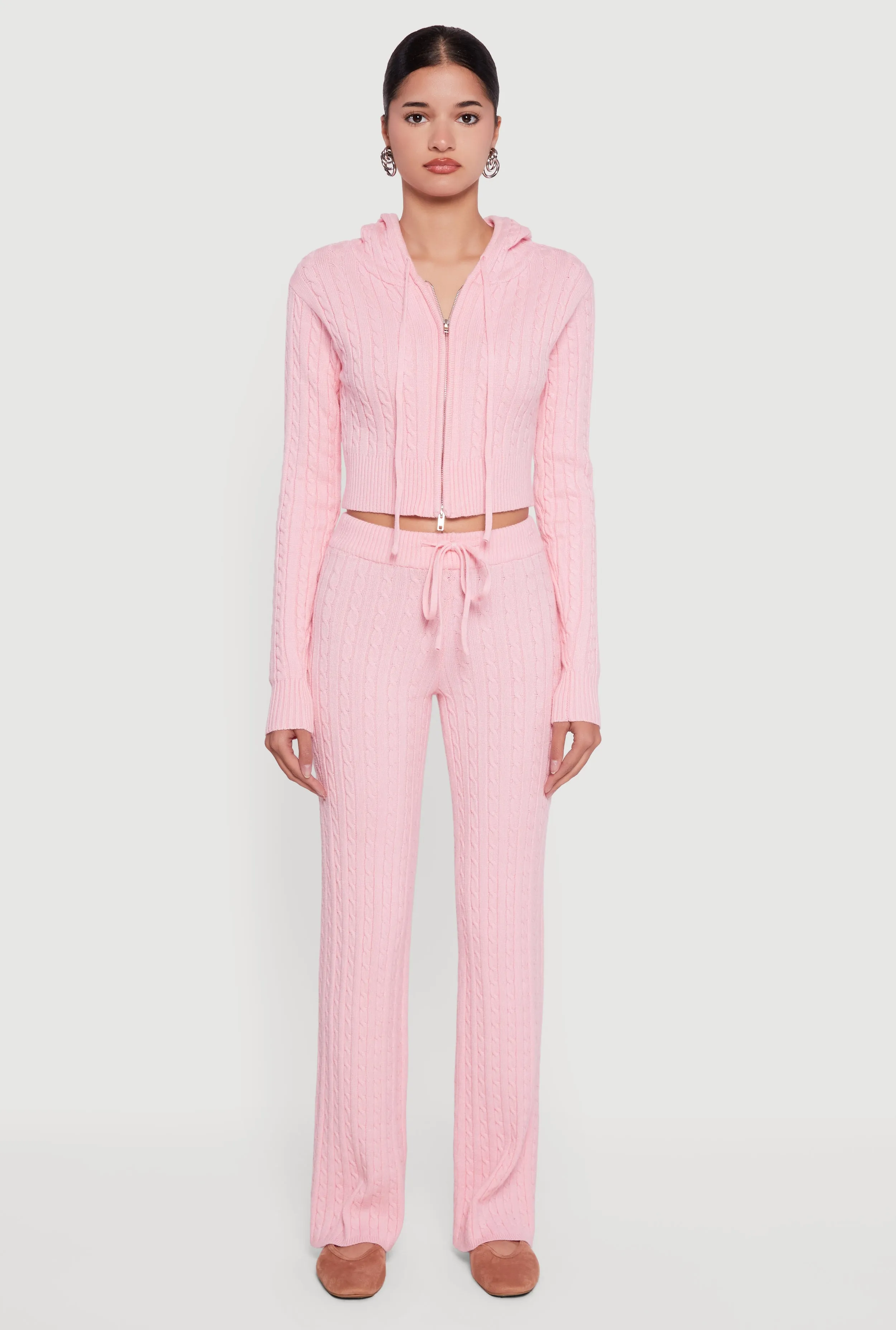 Cropped Rib Knit Trim Cable Knit Sweater Hoodie sold by Rainbow product image thumbnail 3