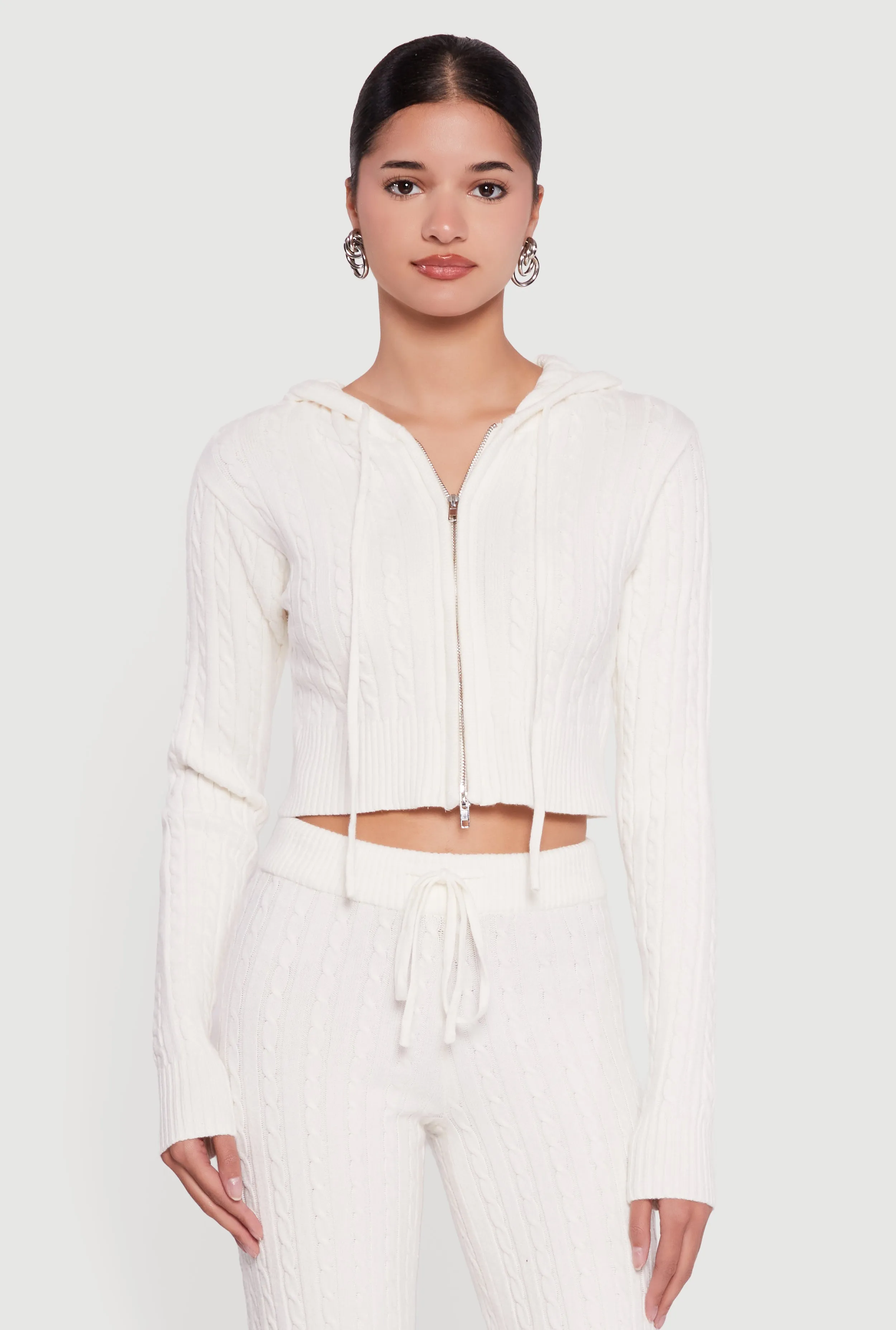 Cropped Rib Knit Trim Cable Knit Sweater Hoodie sold by Rainbow product image thumbnail 3