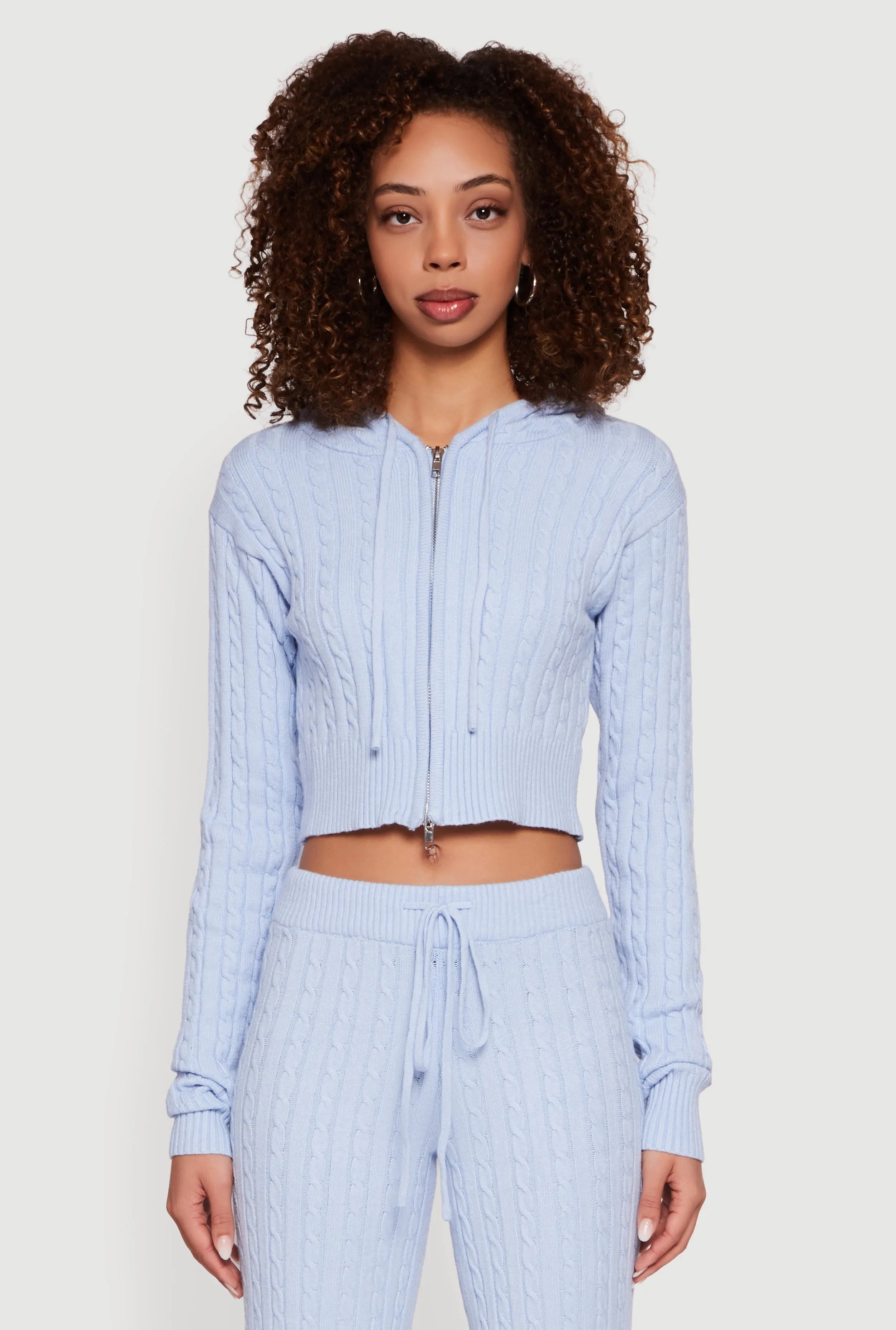 Cropped Rib Knit Trim Cable Knit Sweater Hoodie sold by Rainbow product image thumbnail 2