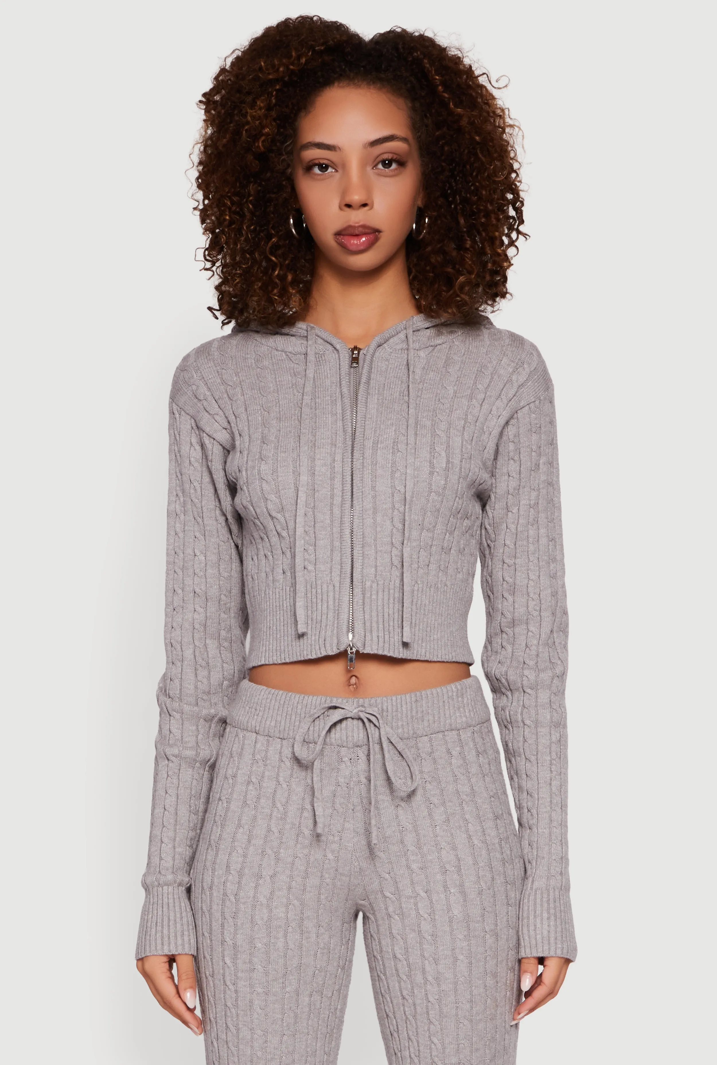 Cropped Rib Knit Trim Cable Knit Sweater Hoodie sold by Rainbow product image thumbnail 4