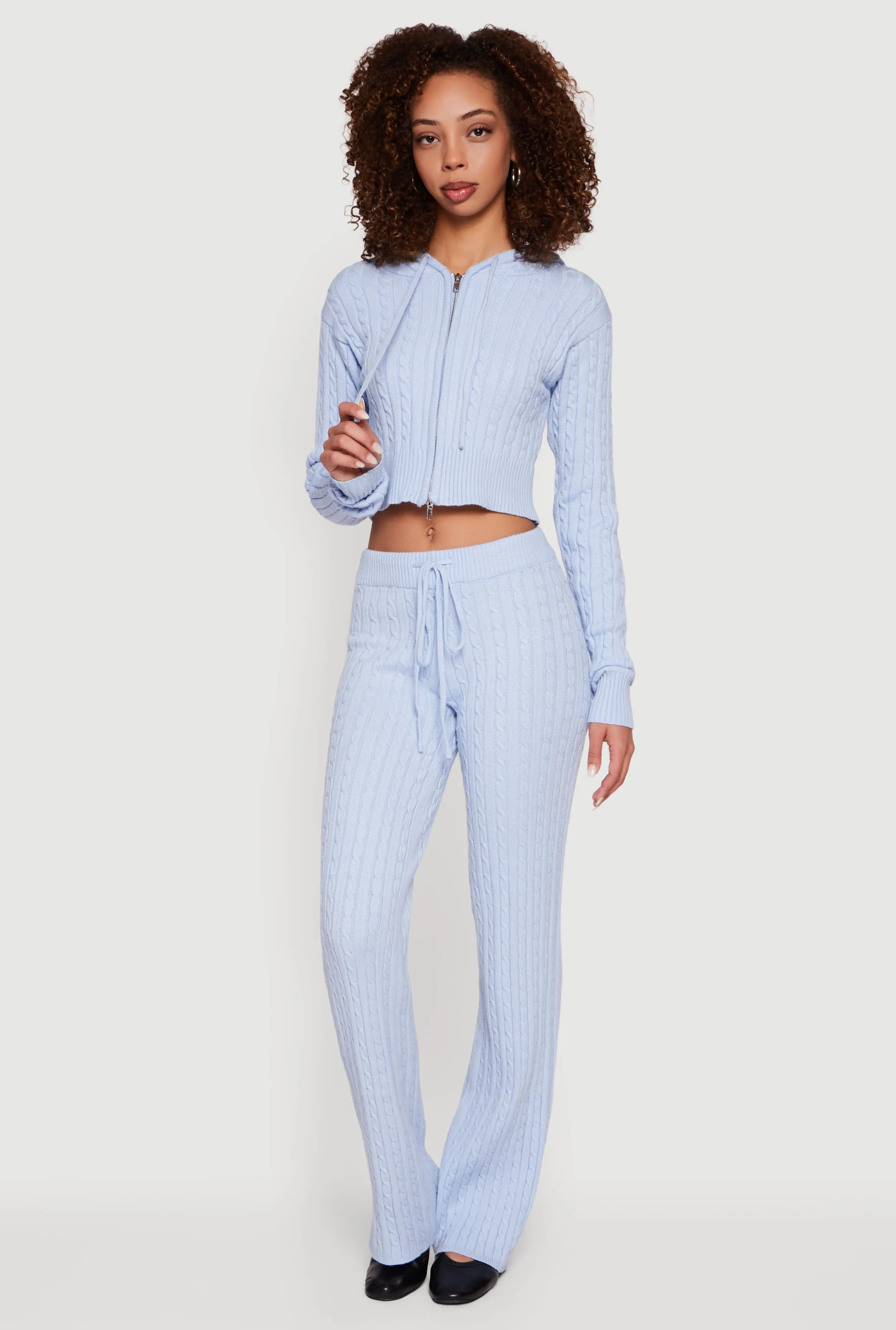 Cropped Rib Knit Trim Cable Knit Sweater Hoodie sold by Rainbow product image thumbnail 3