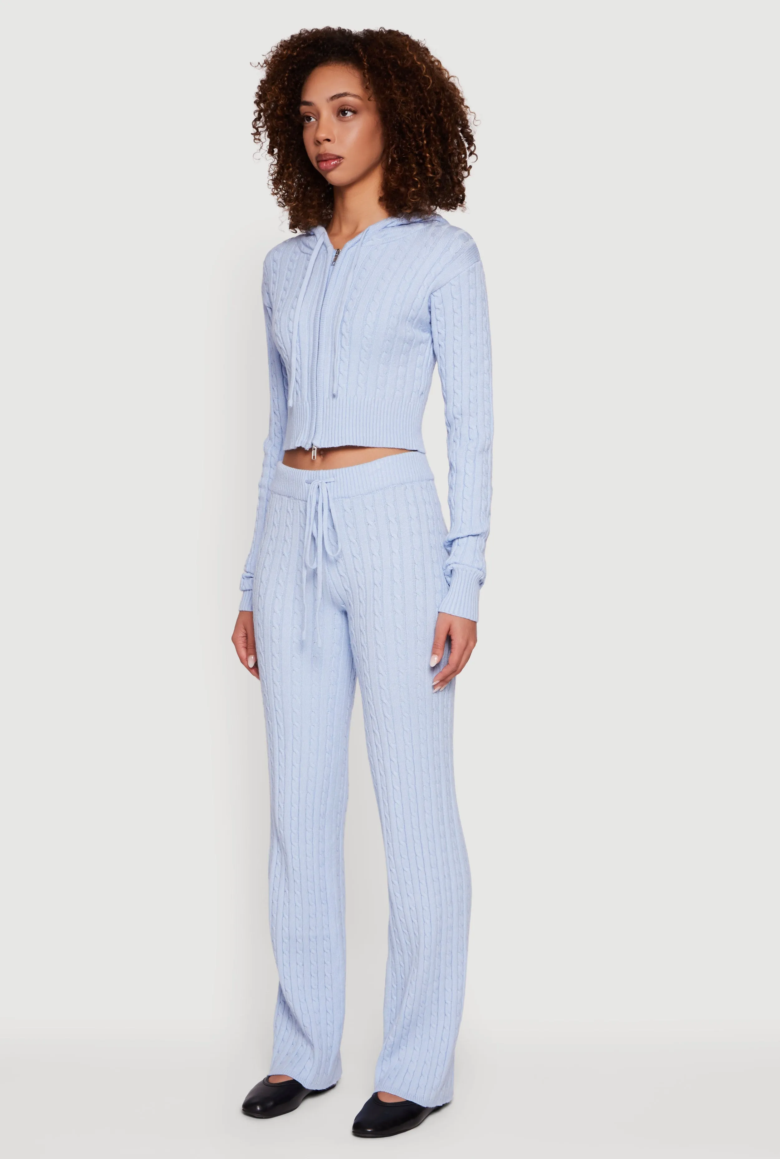 Cropped Rib Knit Trim Cable Knit Sweater Hoodie sold by Rainbow product image thumbnail 5