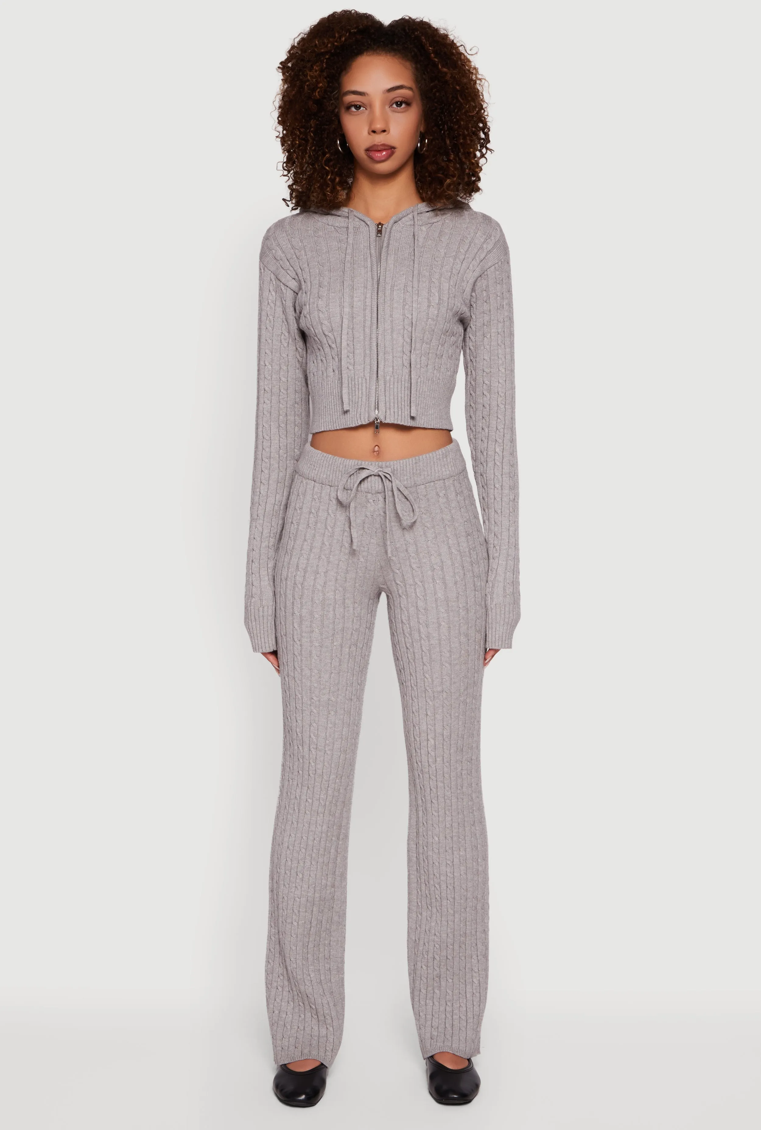 Cropped Rib Knit Trim Cable Knit Sweater Hoodie sold by Rainbow product image thumbnail 2