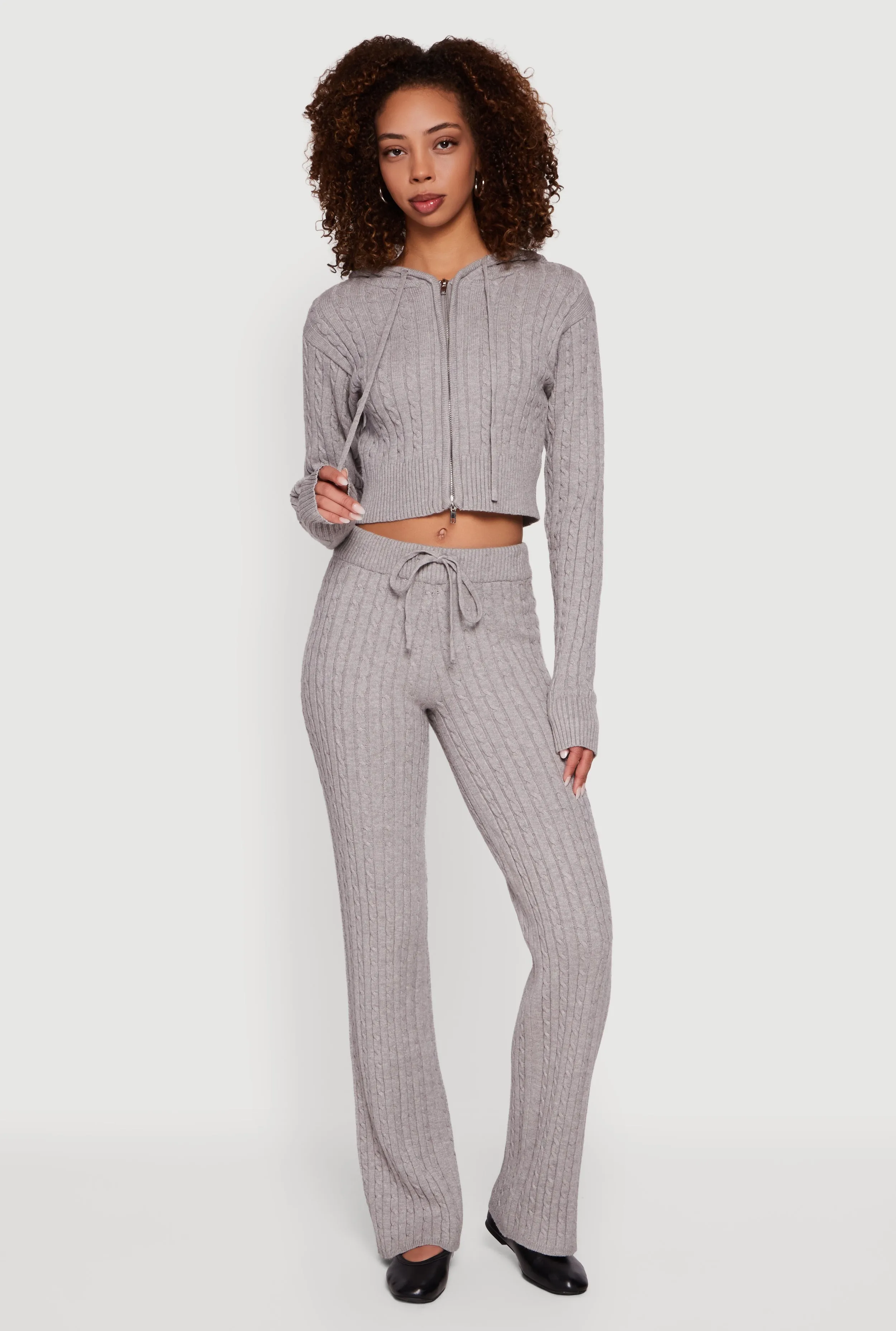 Cropped Rib Knit Trim Cable Knit Sweater Hoodie sold by Rainbow product image thumbnail 3