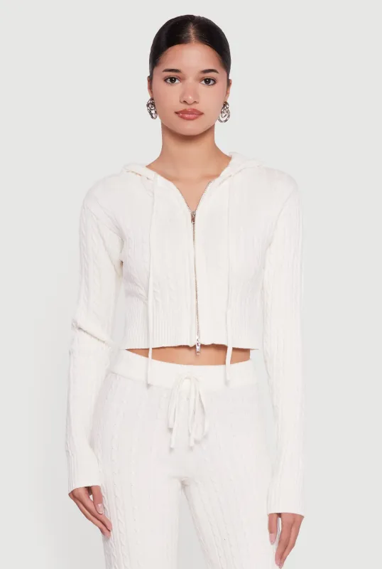 Cropped Rib Knit Trim Cable Knit Sweater Hoodie sold by Rainbow