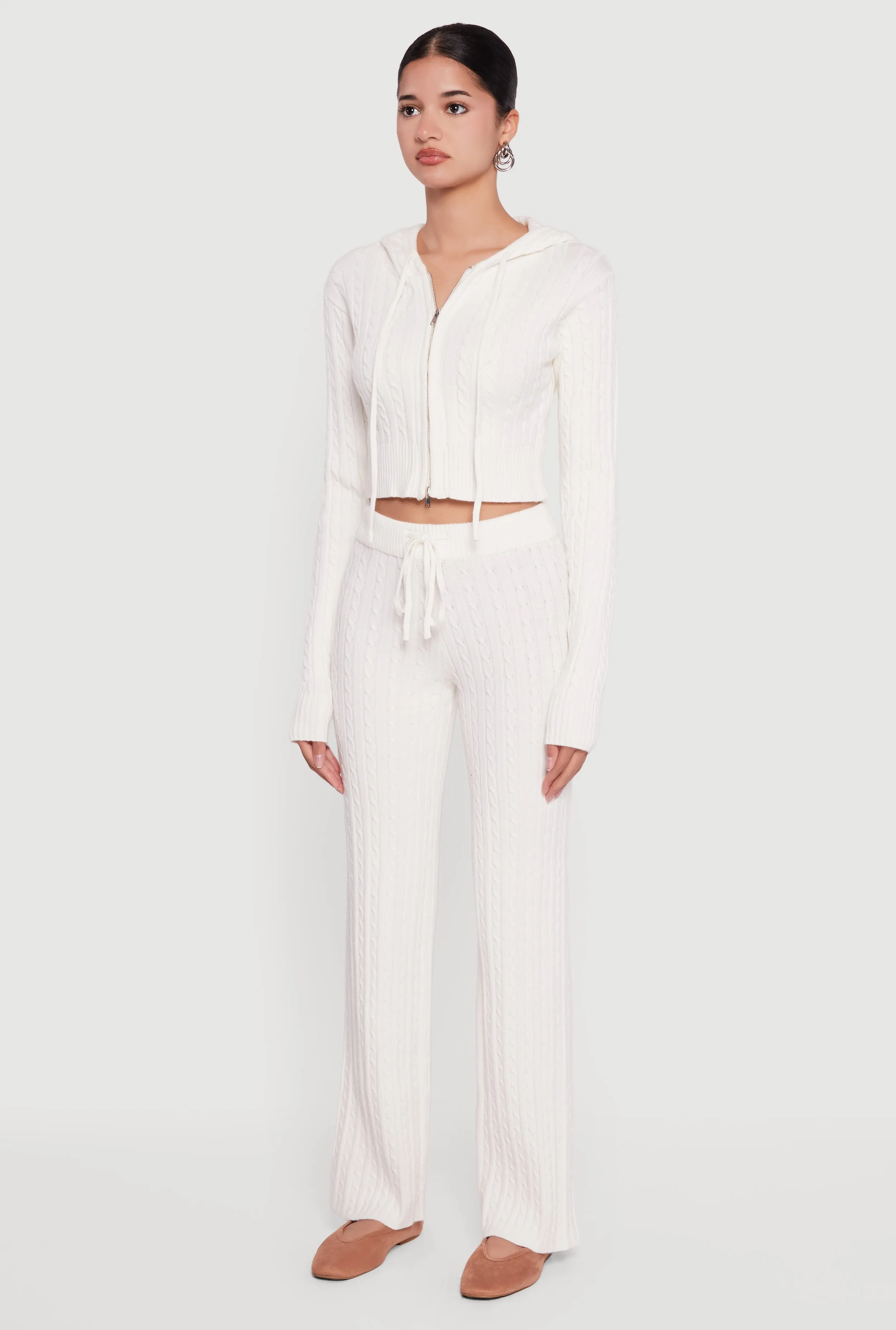 Cropped Rib Knit Trim Cable Knit Sweater Hoodie sold by Rainbow product image thumbnail 5