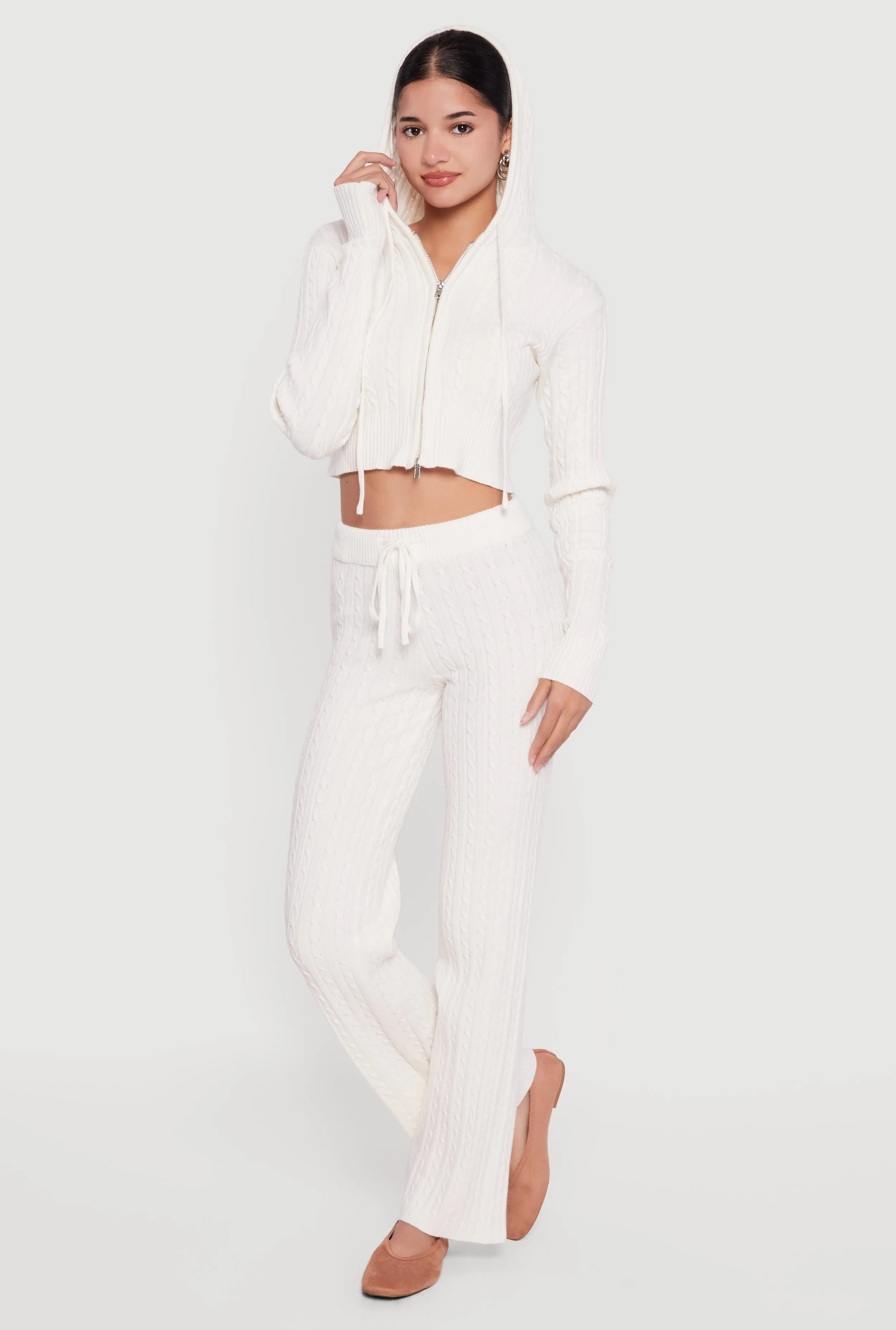 Cropped Rib Knit Trim Cable Knit Sweater Hoodie sold by Rainbow product image thumbnail 2