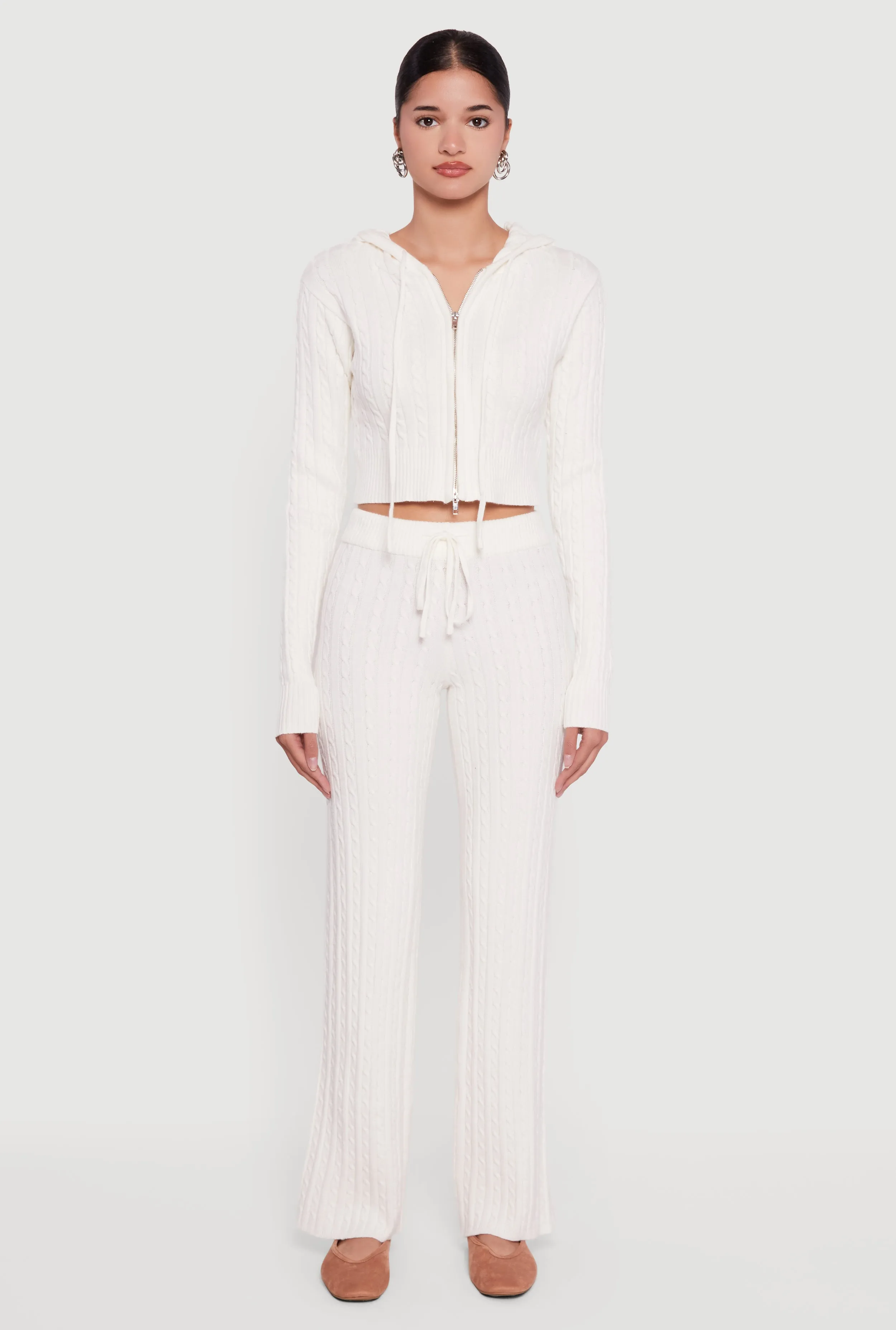 Cropped Rib Knit Trim Cable Knit Sweater Hoodie sold by Rainbow product image thumbnail 3