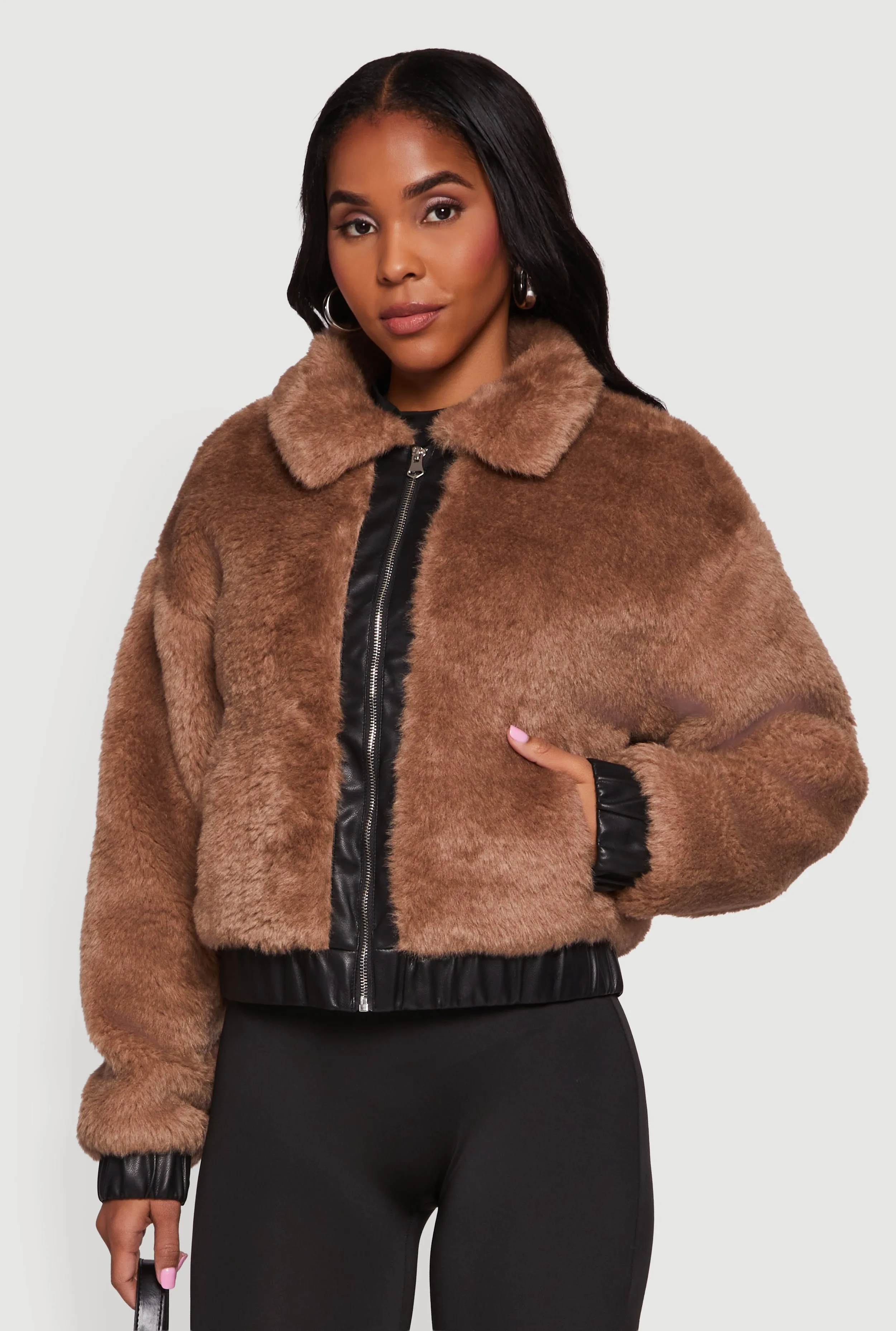 Faux Fur Zip Front Bomber Jacket sold by Rainbow product image thumbnail 2