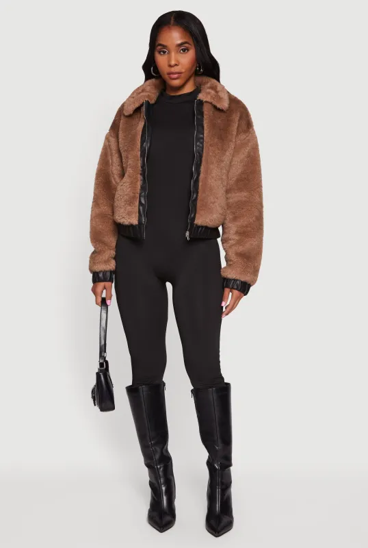 Faux Fur Zip Front Bomber Jacket sold by Rainbow