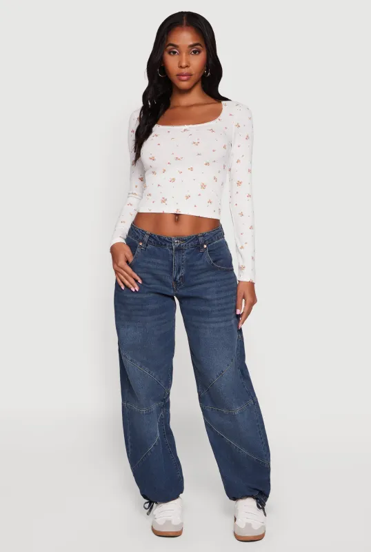 Floral Pointelle Long Sleeve Crop Top sold by Rainbow