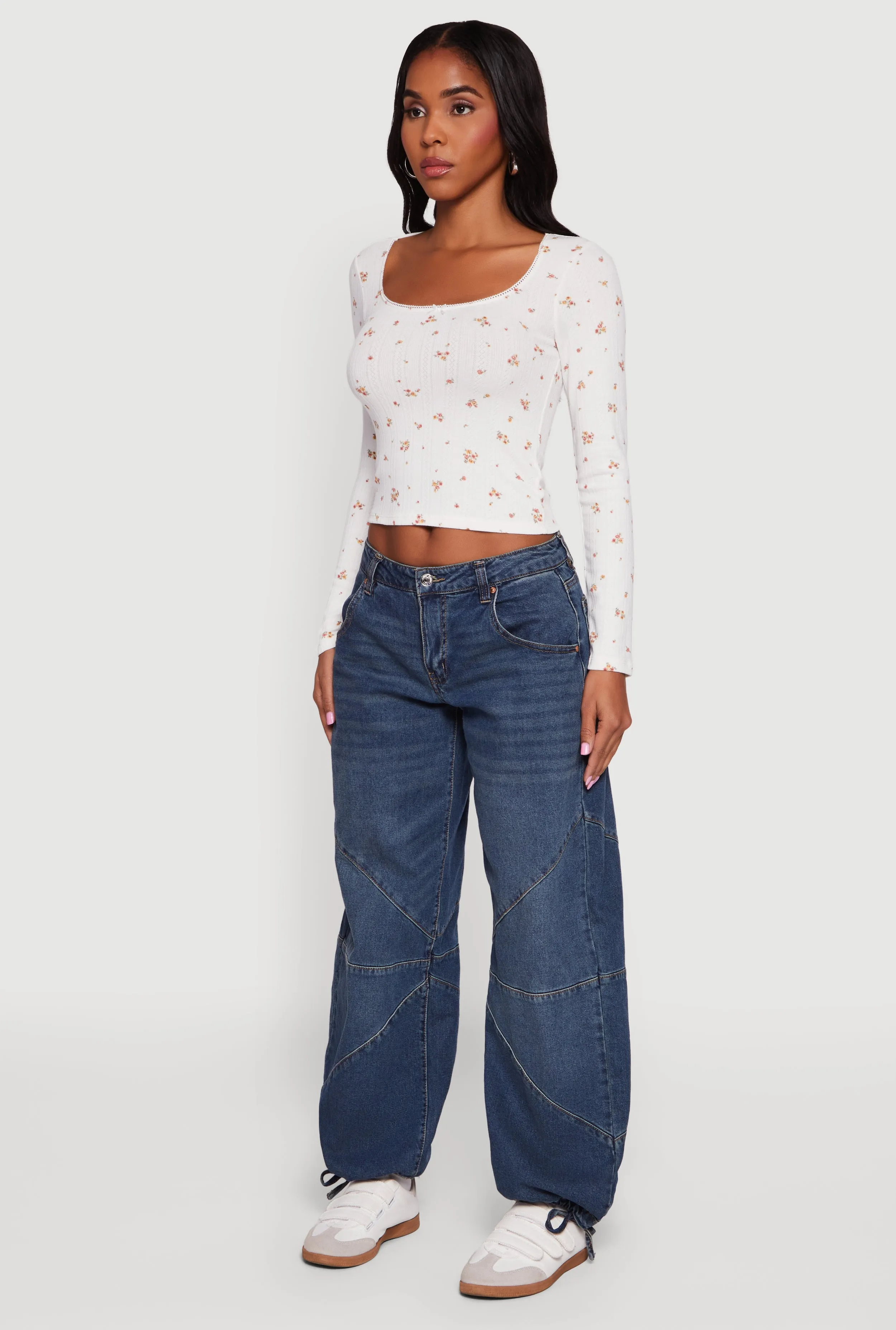 Floral Pointelle Long Sleeve Crop Top sold by Rainbow product image thumbnail 5