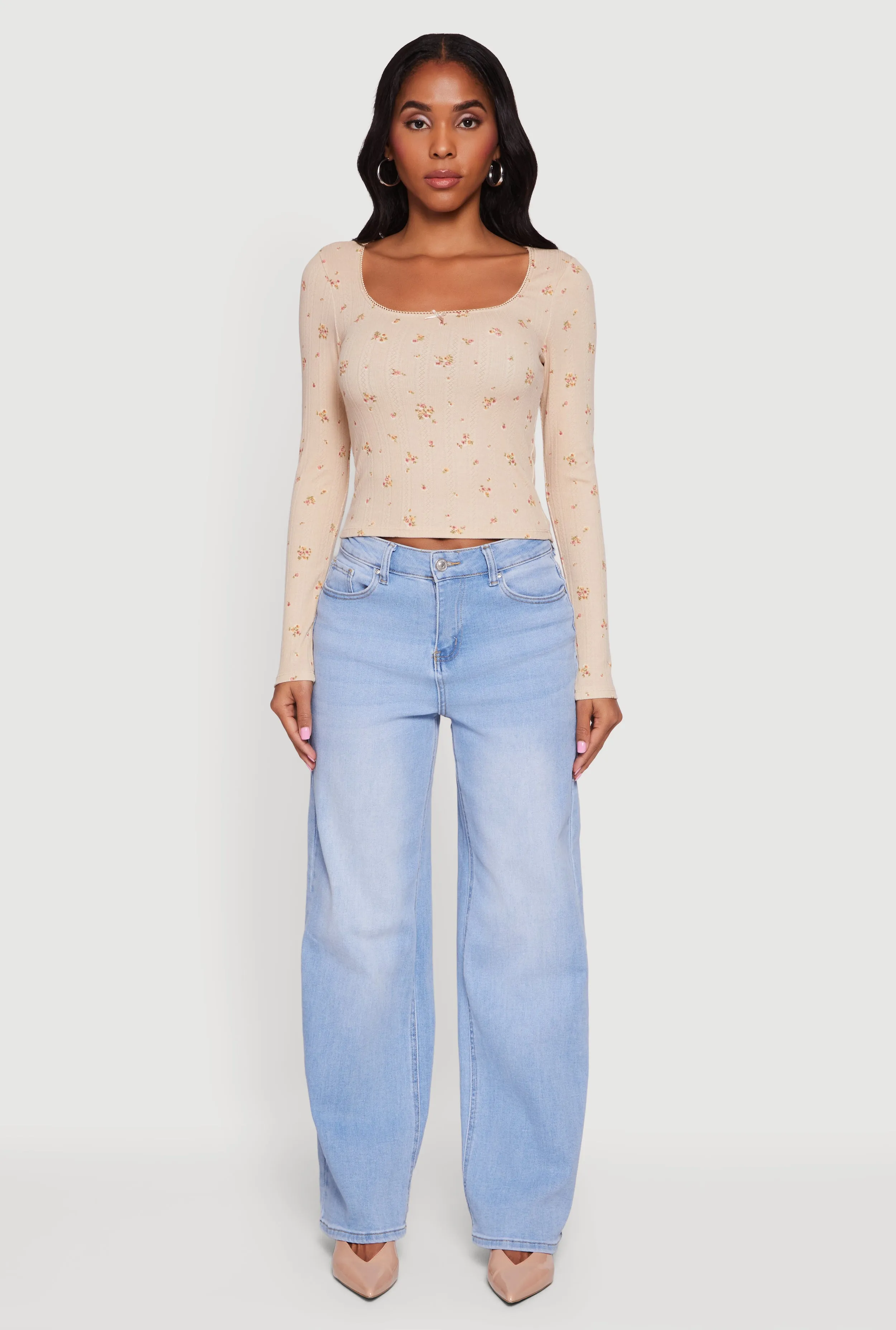 Floral Pointelle Long Sleeve Crop Top sold by Rainbow product image thumbnail 3