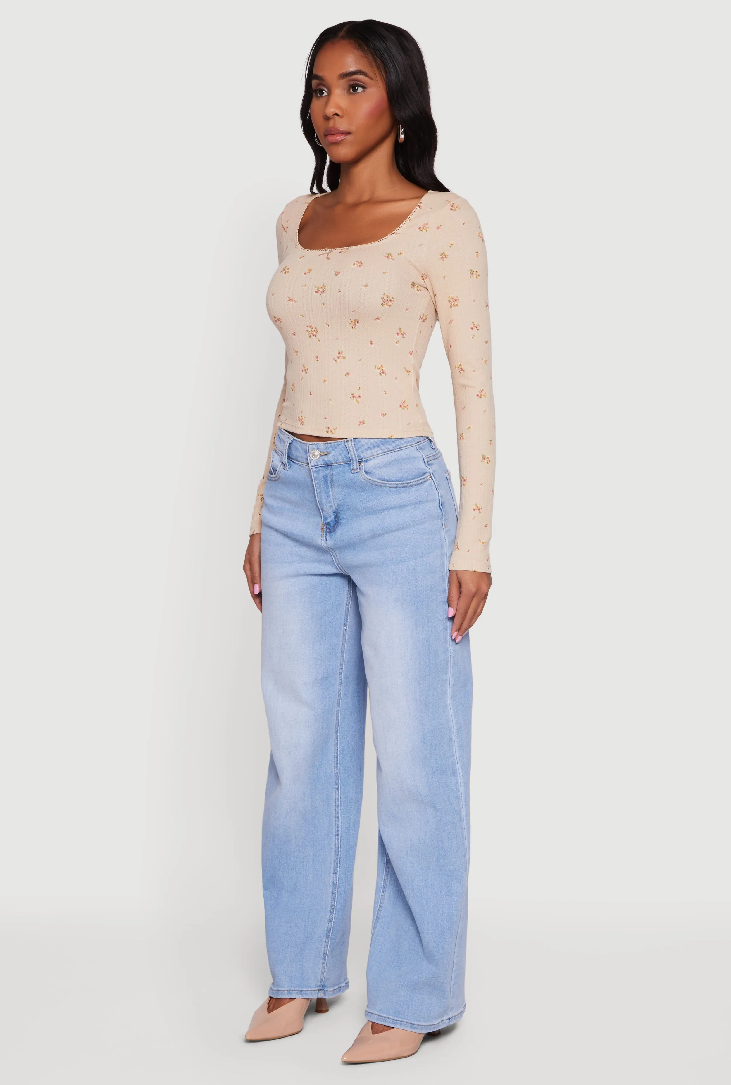 Floral Pointelle Long Sleeve Crop Top sold by Rainbow product image thumbnail 5