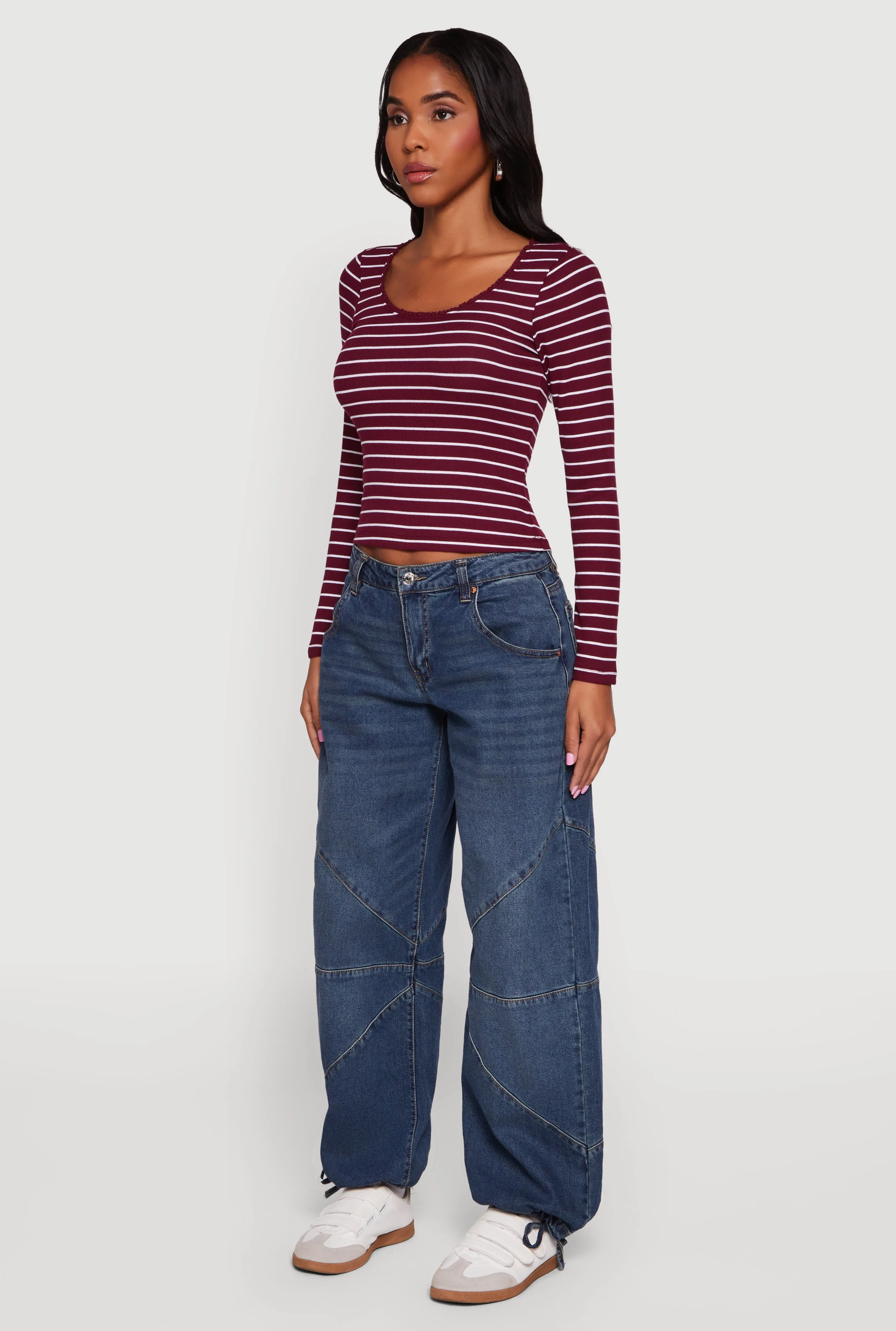 Striped Rib Knit Cropped Long Sleeve Scoop Neck Tee sold by Rainbow product image thumbnail 5