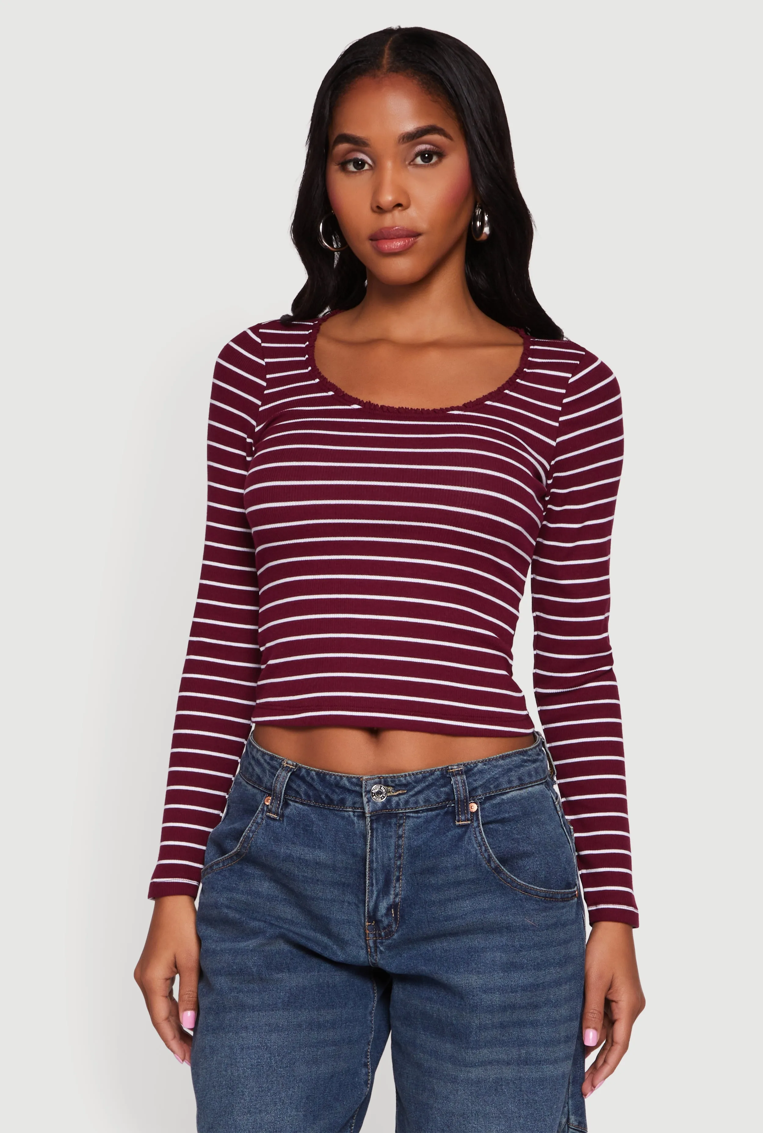 Striped Rib Knit Cropped Long Sleeve Scoop Neck Tee sold by Rainbow product image thumbnail 2