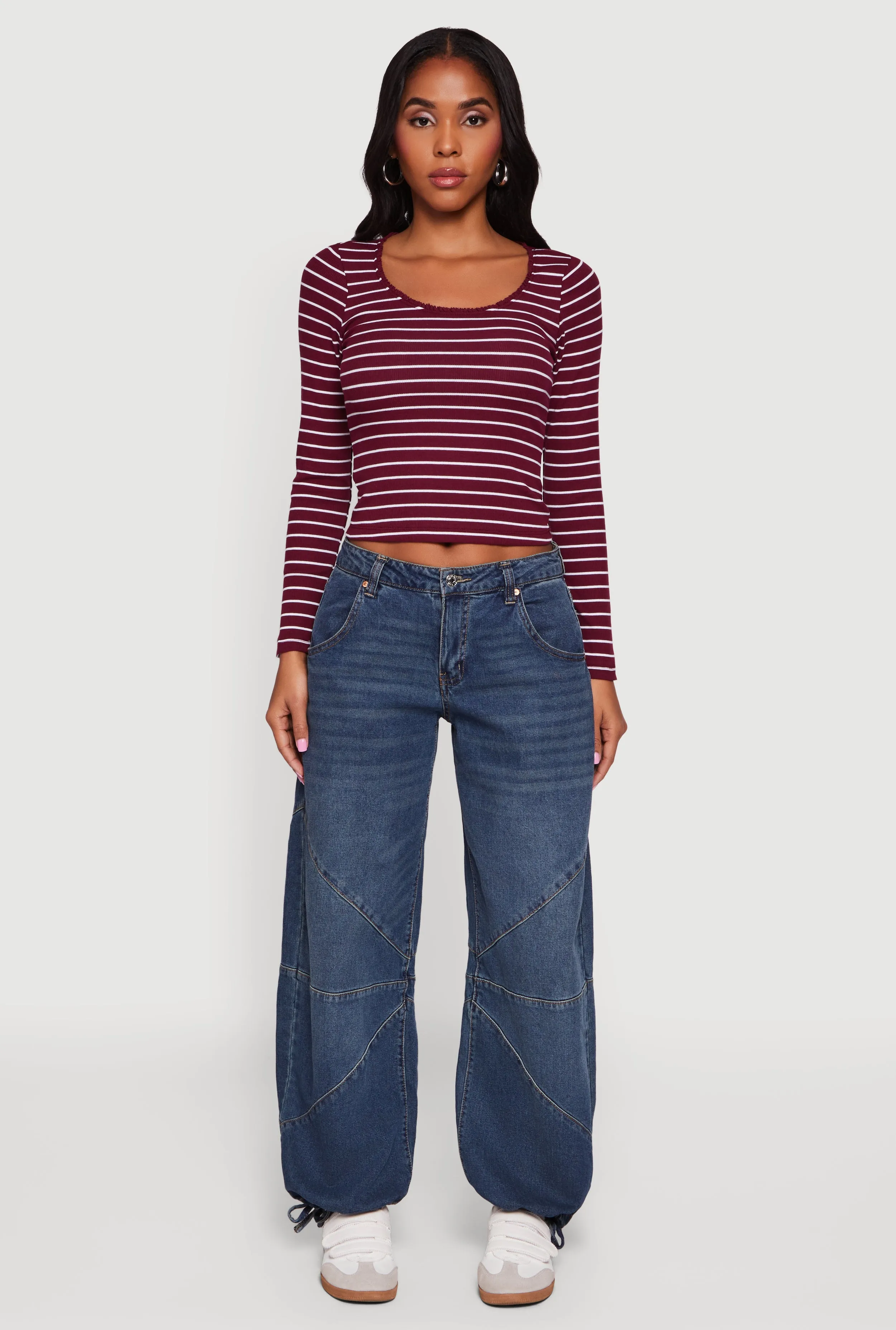 Striped Rib Knit Cropped Long Sleeve Scoop Neck Tee sold by Rainbow product image thumbnail 3