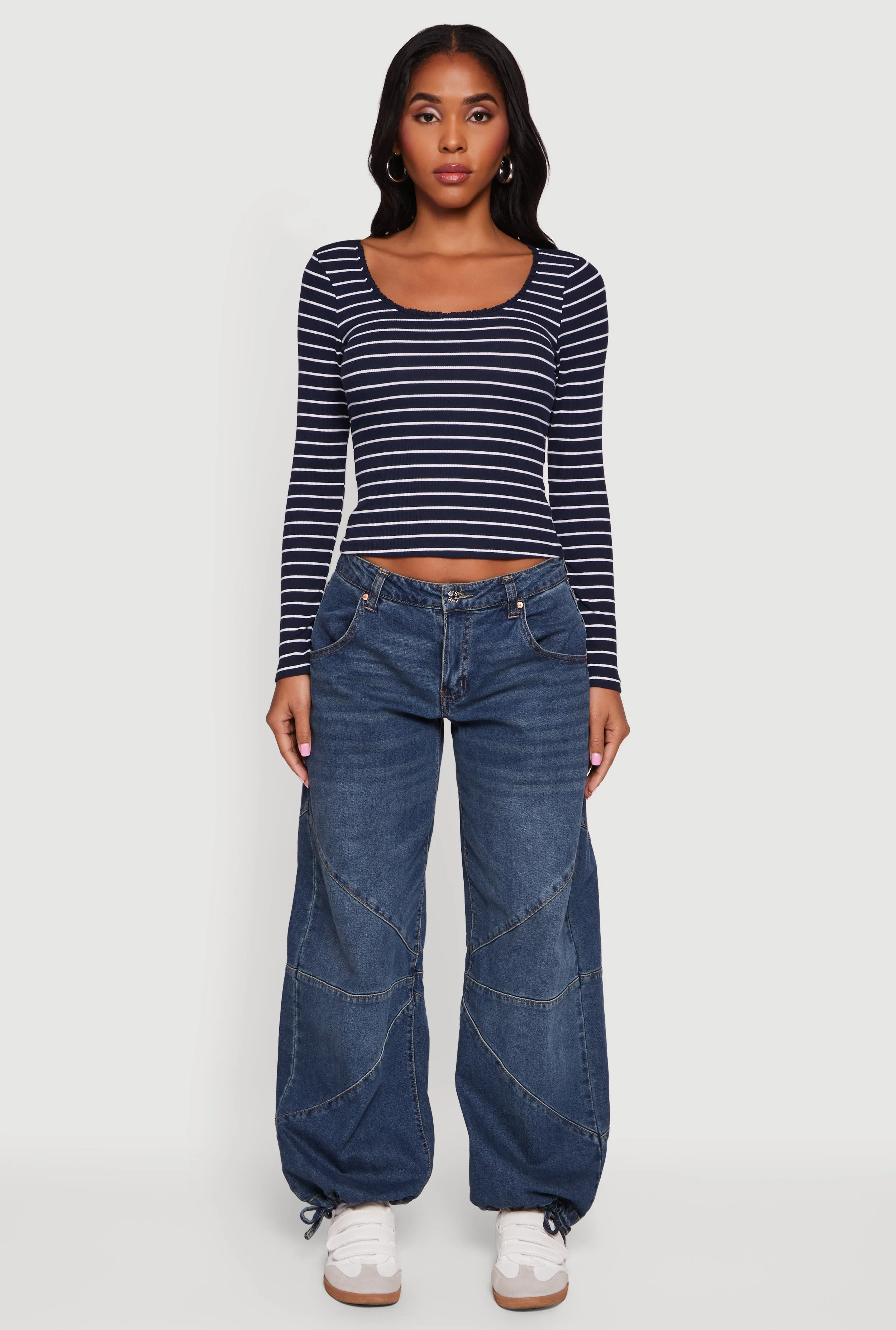 Striped Rib Knit Cropped Long Sleeve Scoop Neck Tee sold by Rainbow product image thumbnail 3