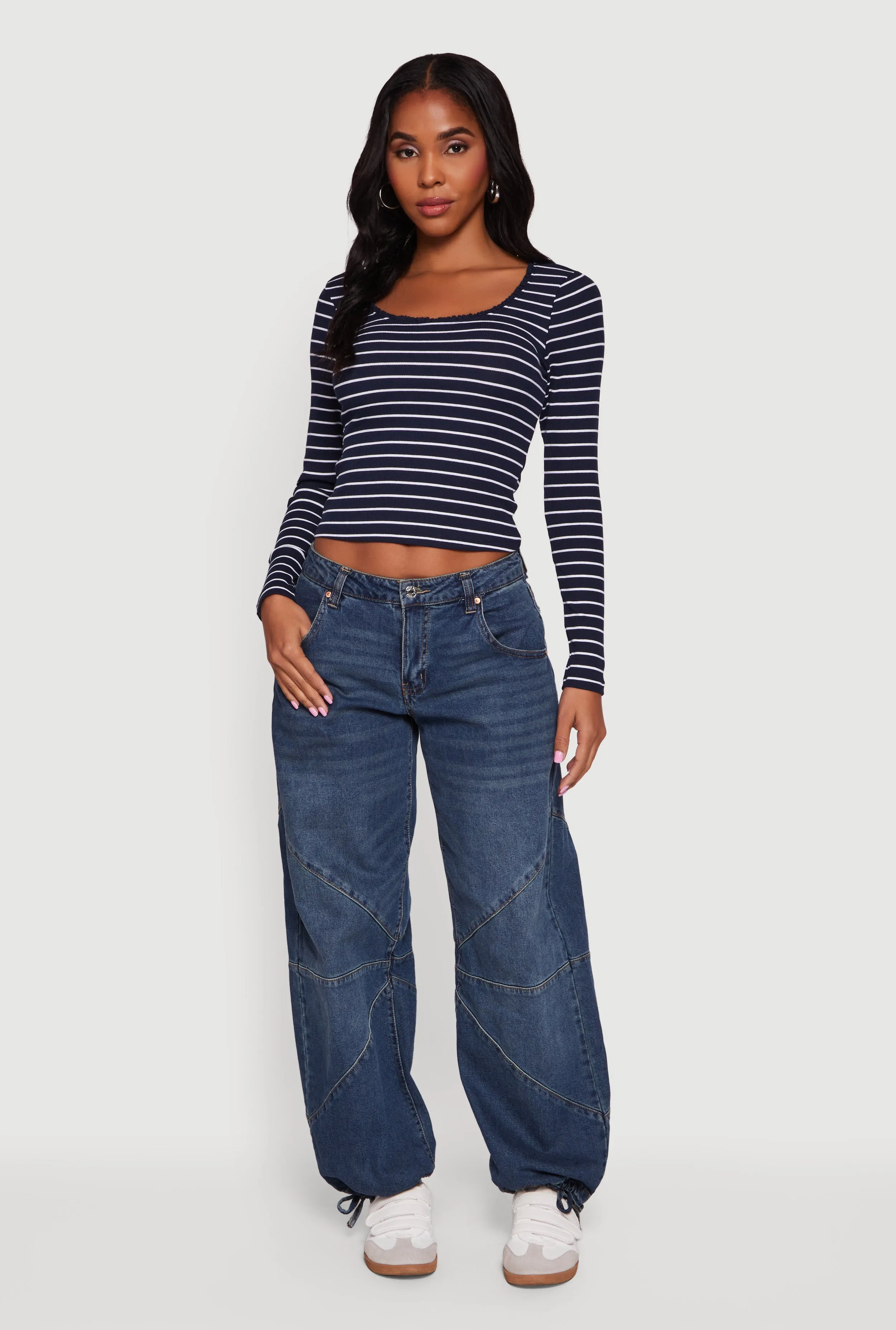 Striped Rib Knit Cropped Long Sleeve Scoop Neck Tee sold by Rainbow