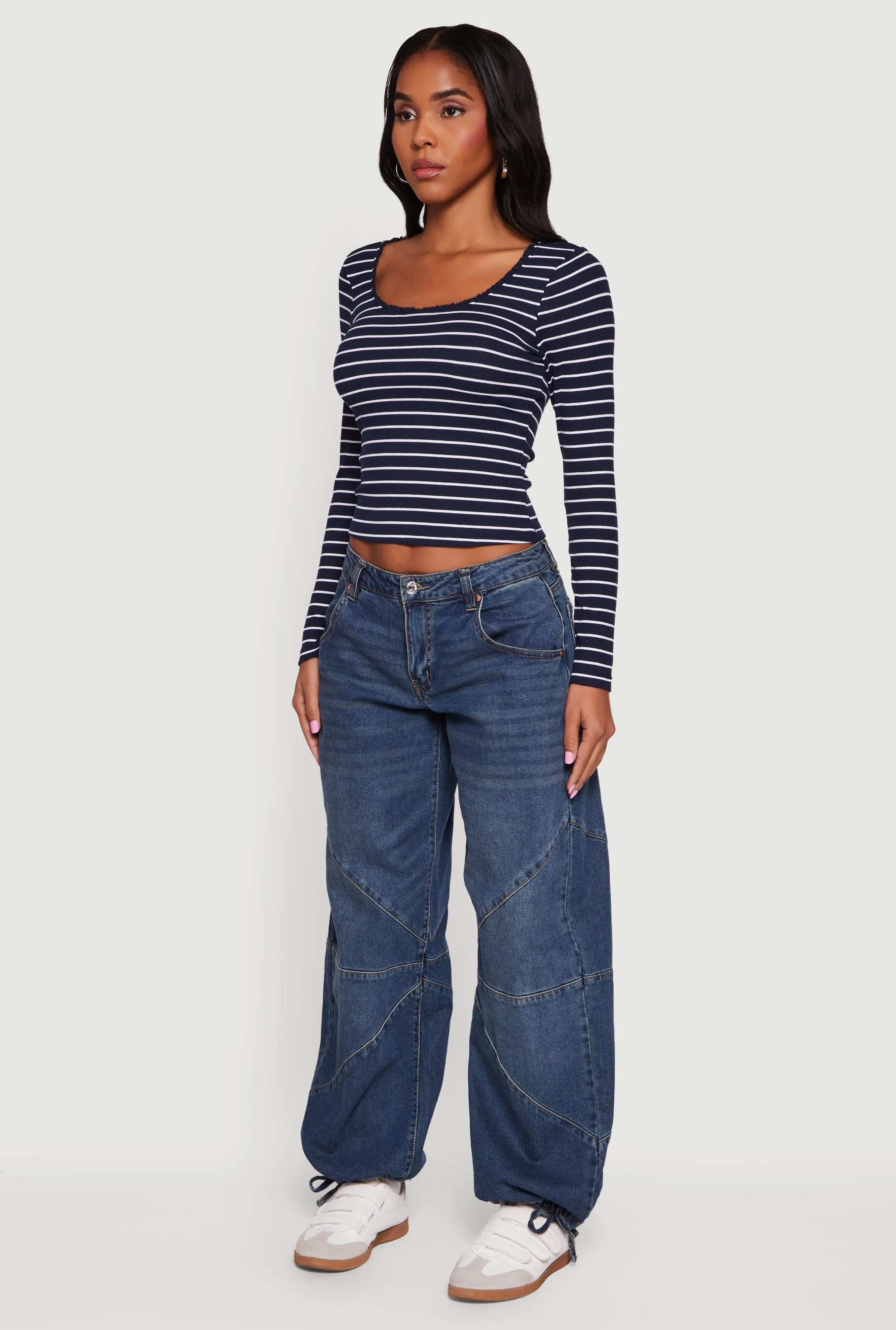 Striped Rib Knit Cropped Long Sleeve Scoop Neck Tee sold by Rainbow product image thumbnail 5