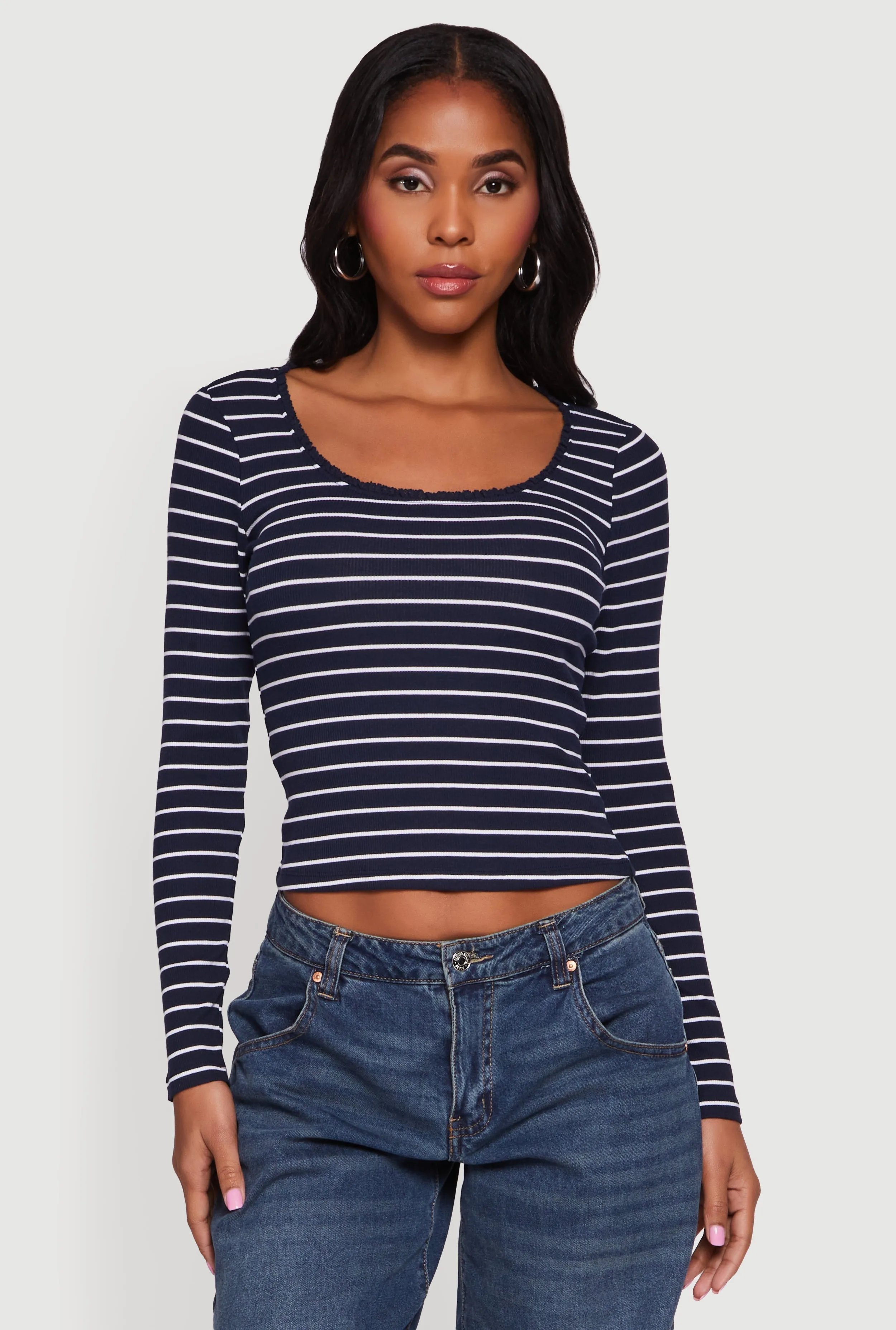 Striped Rib Knit Cropped Long Sleeve Scoop Neck Tee sold by Rainbow product image thumbnail 2
