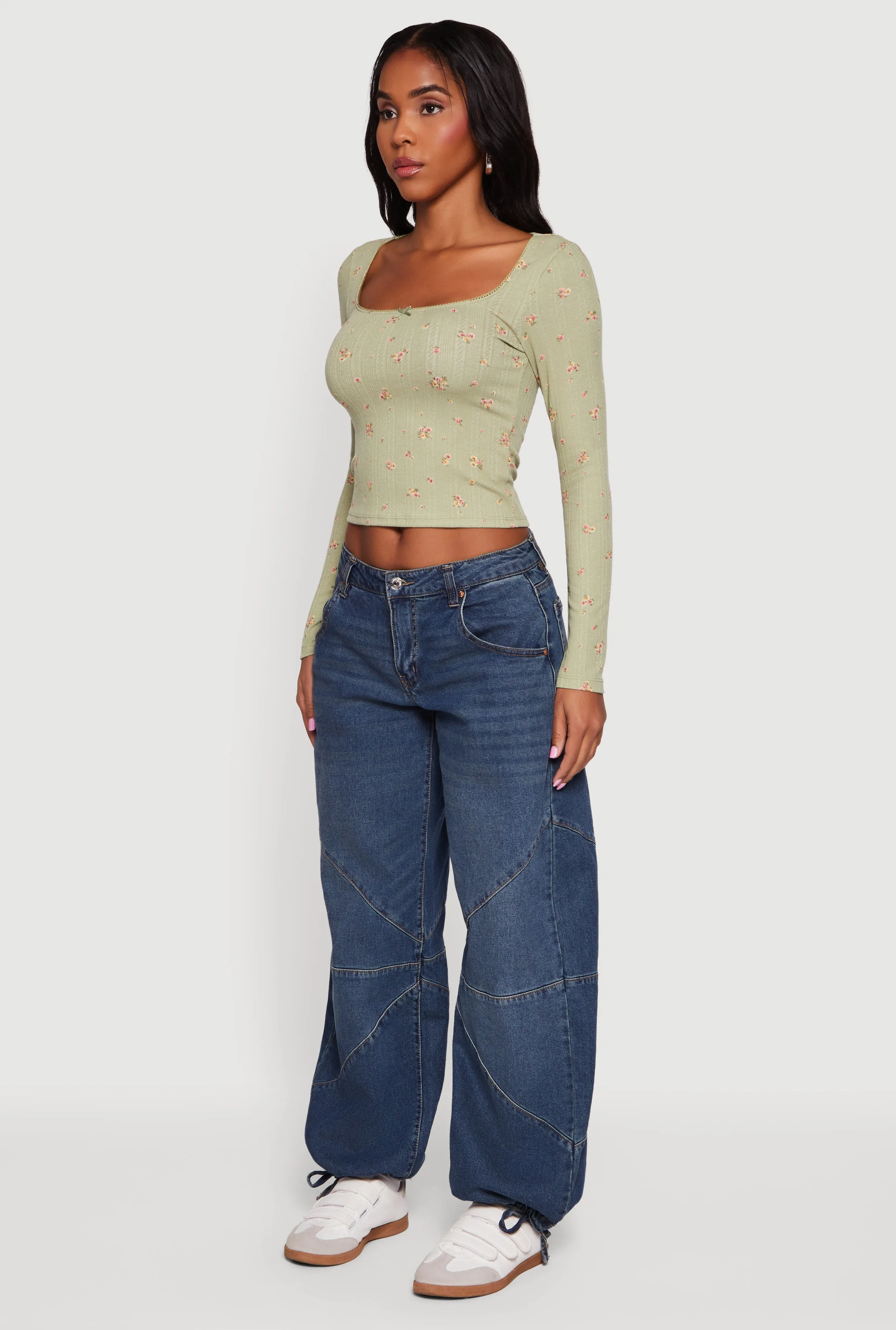 Floral Pointelle Long Sleeve Crop Top sold by Rainbow product image thumbnail 5