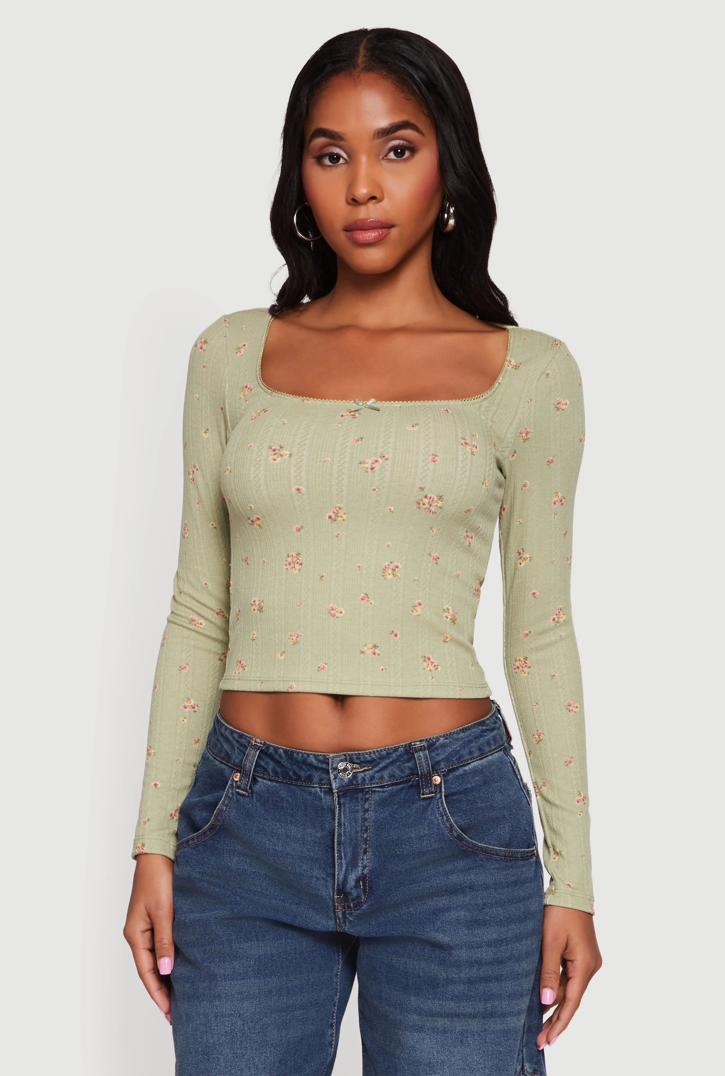 Floral Pointelle Long Sleeve Crop Top sold by Rainbow product image thumbnail 2