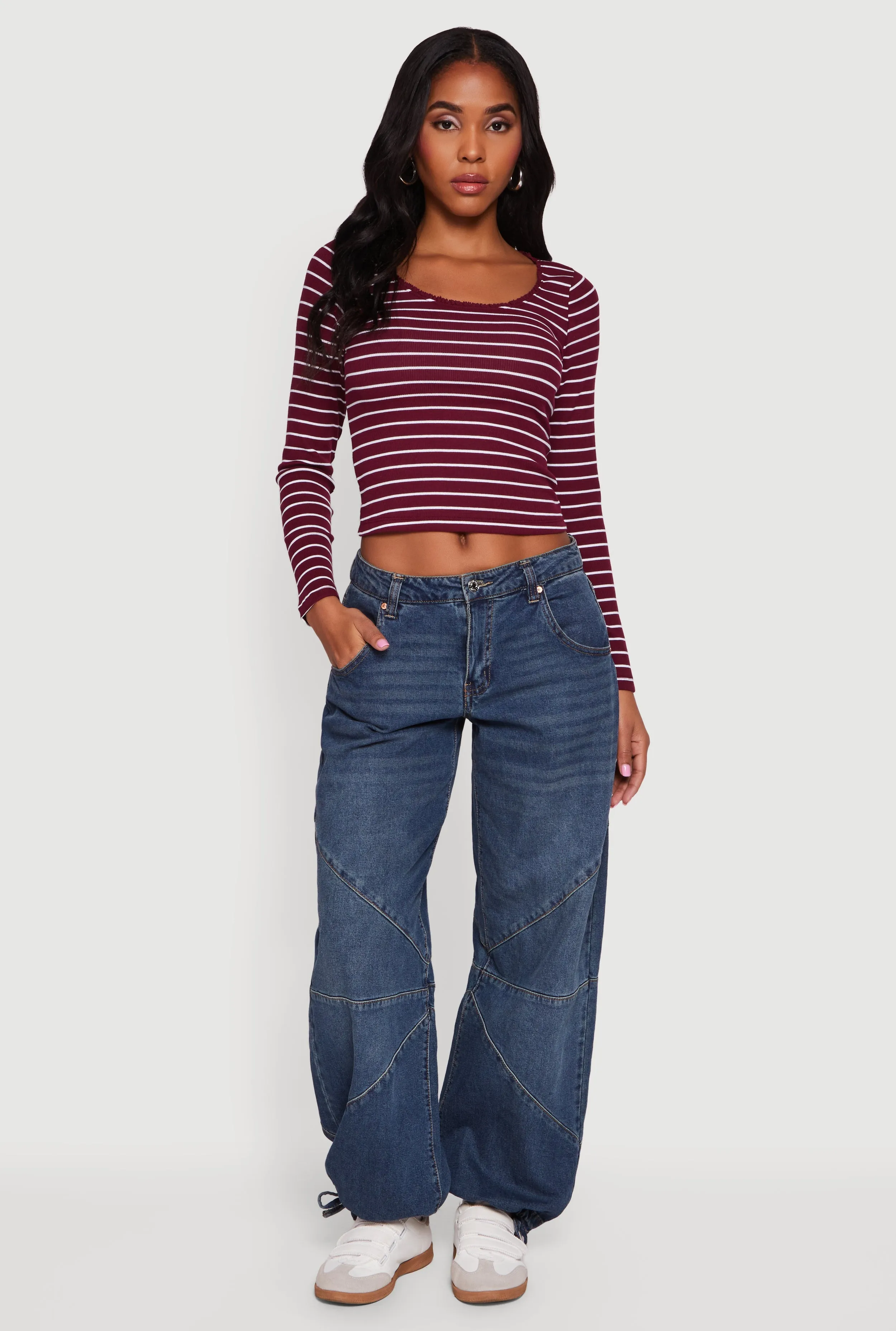 Striped Rib Knit Cropped Long Sleeve Scoop Neck Tee sold by Rainbow product image thumbnail 4