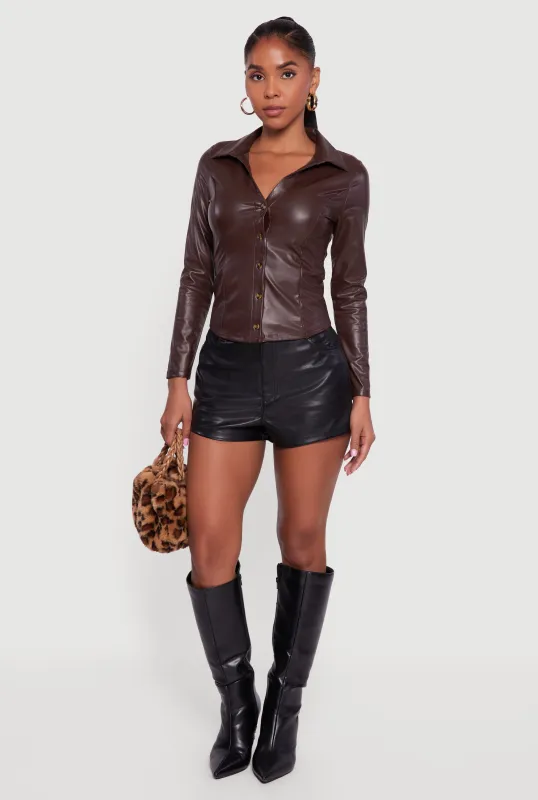 Faux Leather Button Front Long Sleeve Shirt sold by Rainbow