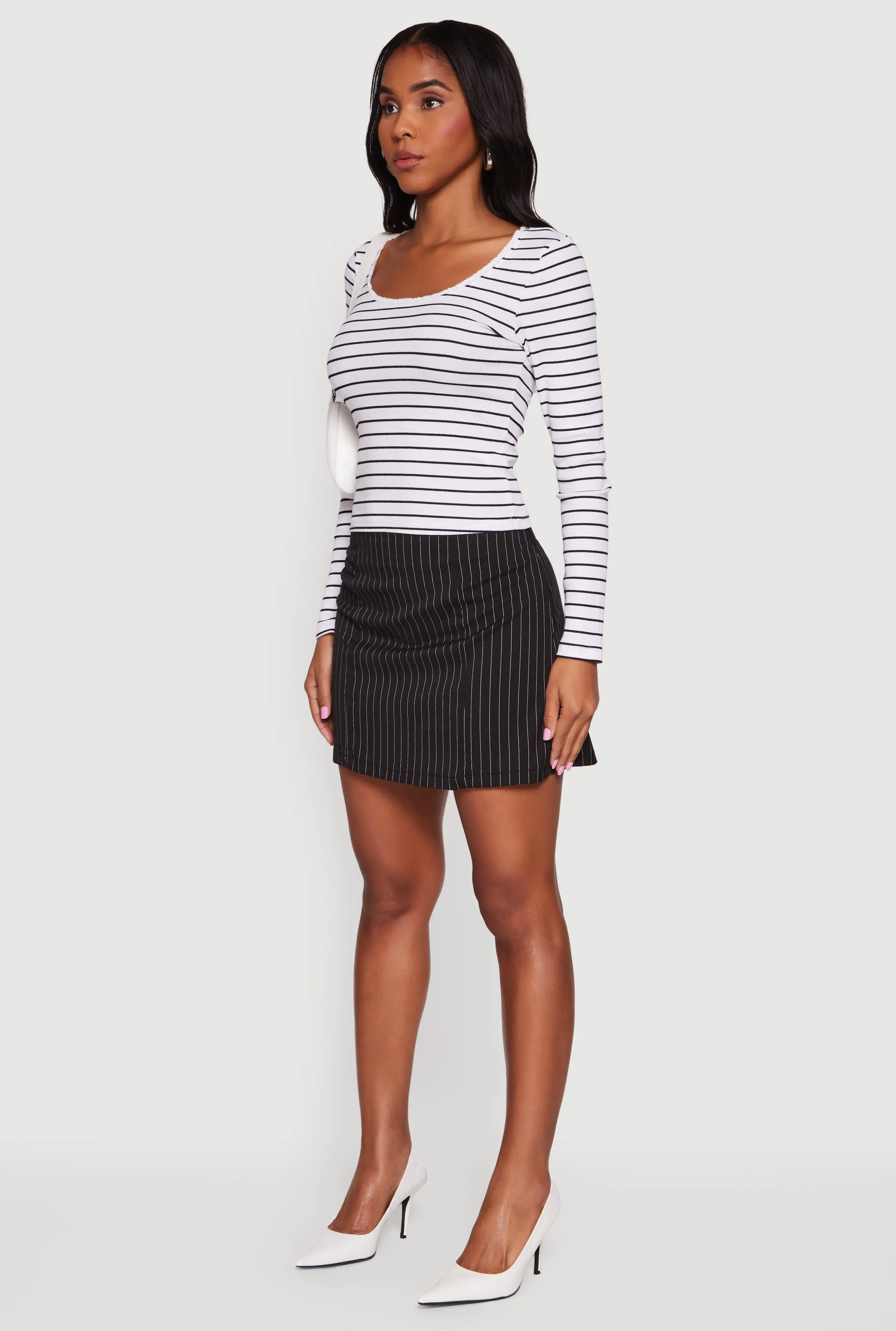 Striped Rib Knit Cropped Long Sleeve Scoop Neck Tee sold by Rainbow product image thumbnail 5