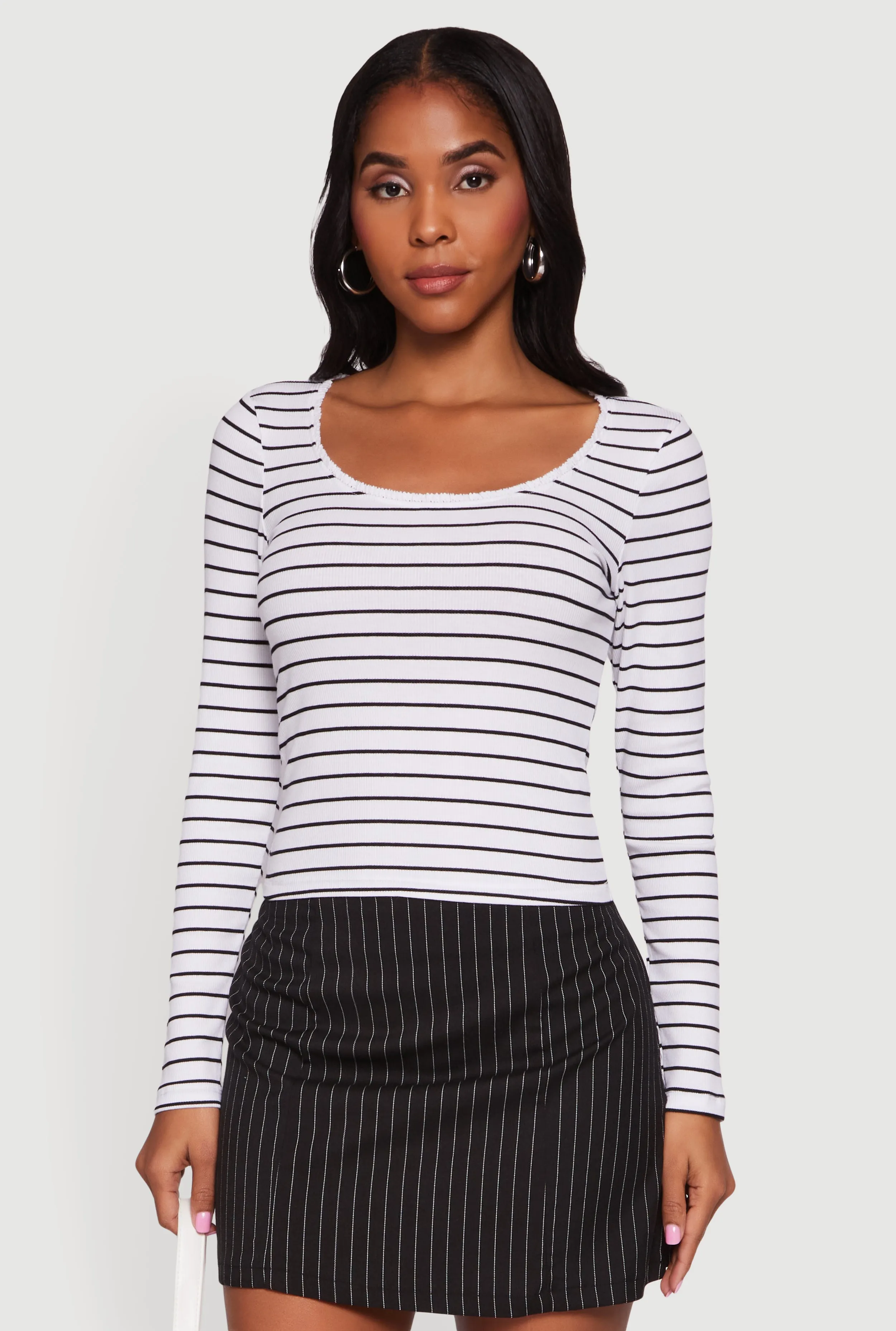 Striped Rib Knit Cropped Long Sleeve Scoop Neck Tee sold by Rainbow product image thumbnail 2