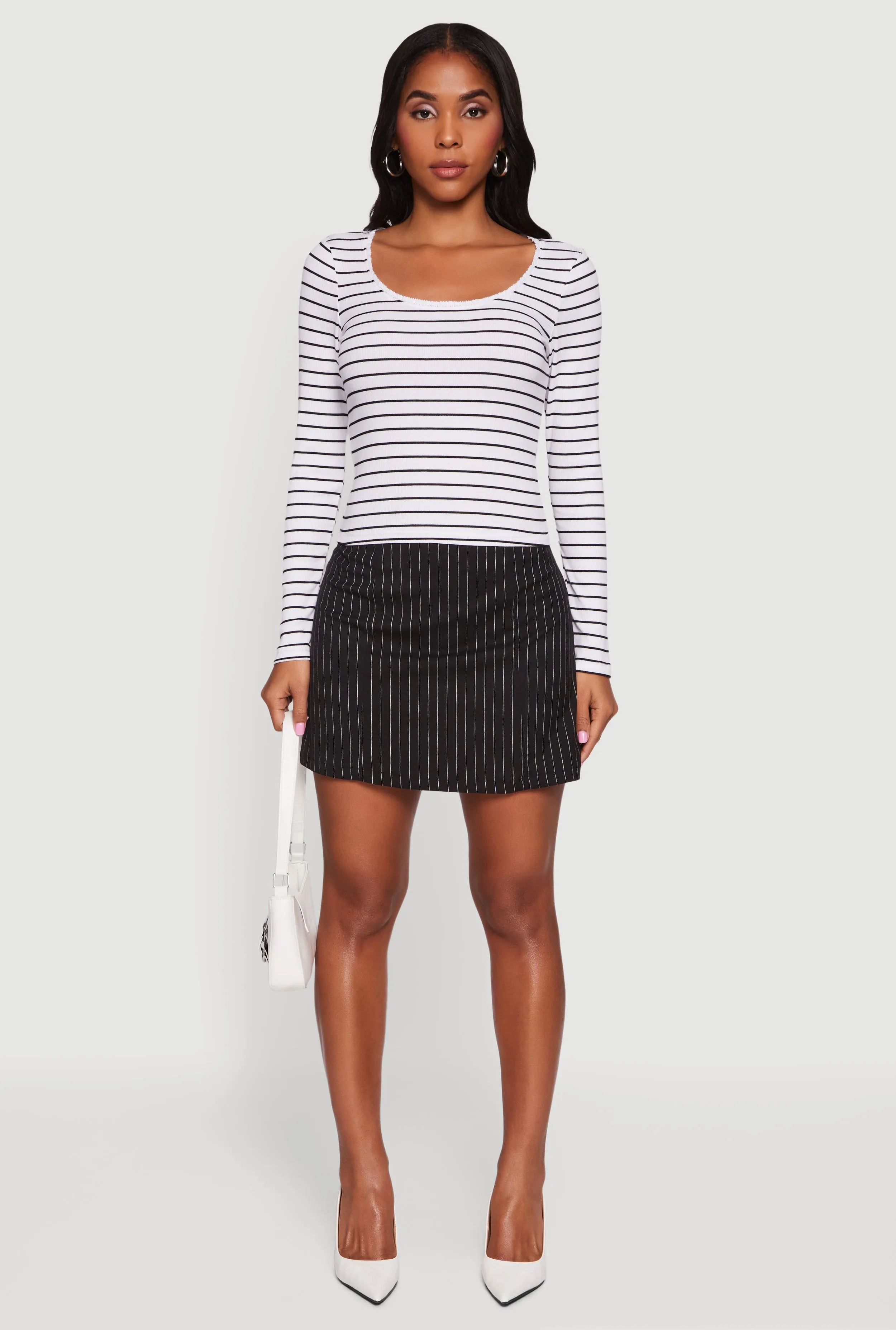 Striped Rib Knit Cropped Long Sleeve Scoop Neck Tee sold by Rainbow product image thumbnail 3