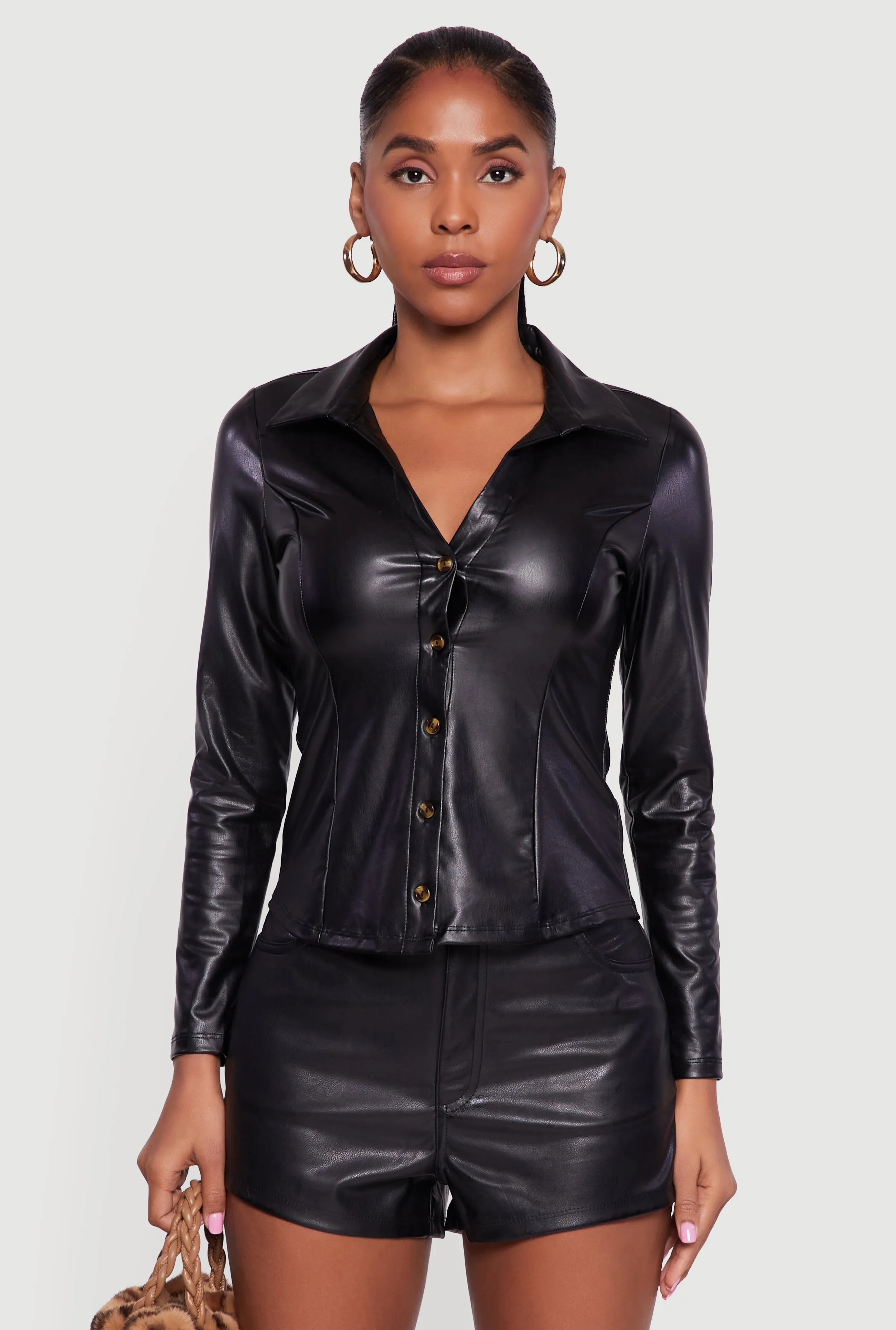 Faux Leather Button Front Long Sleeve Shirt sold by Rainbow product image thumbnail 2