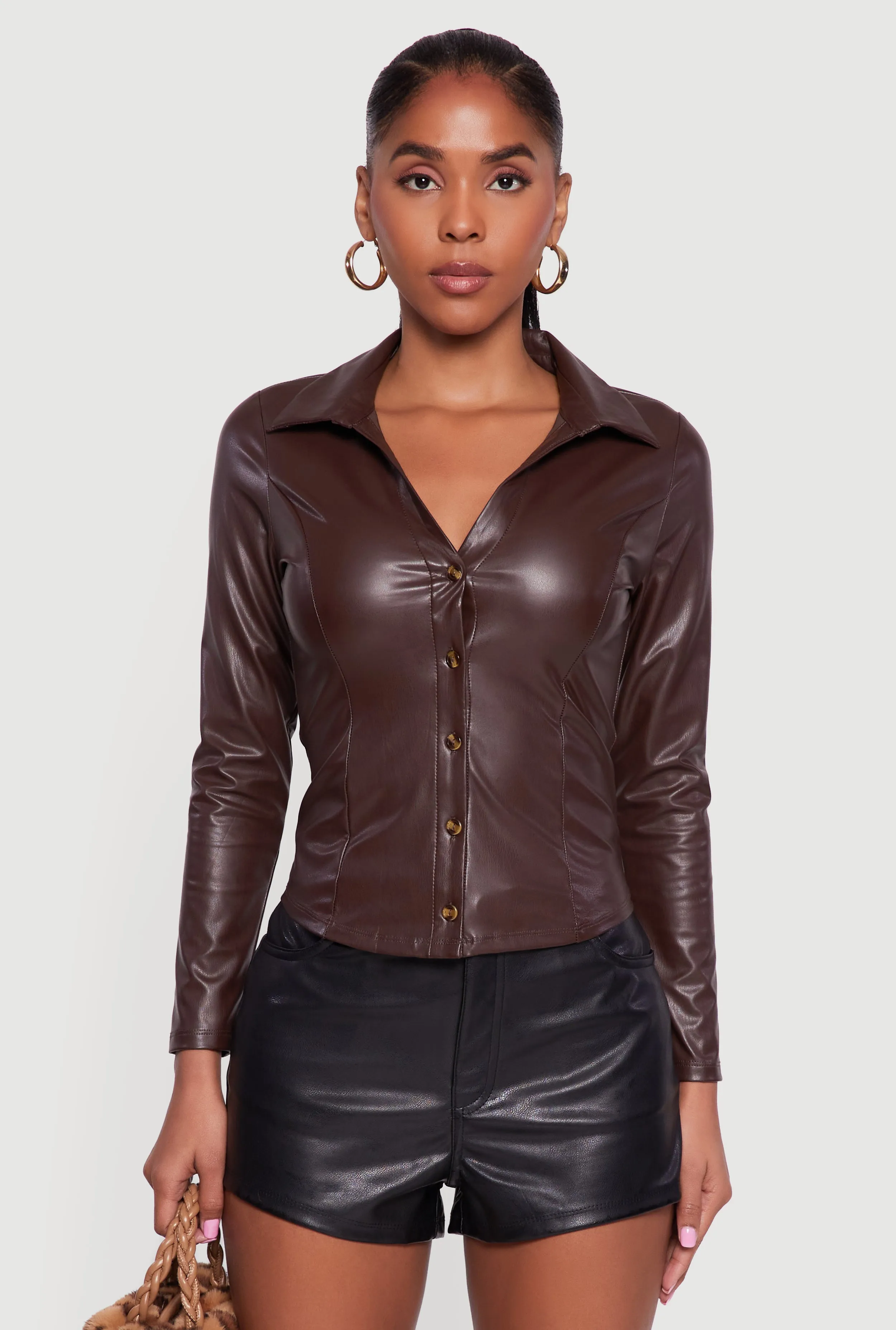 Faux Leather Button Front Long Sleeve Shirt sold by Rainbow product image thumbnail 2