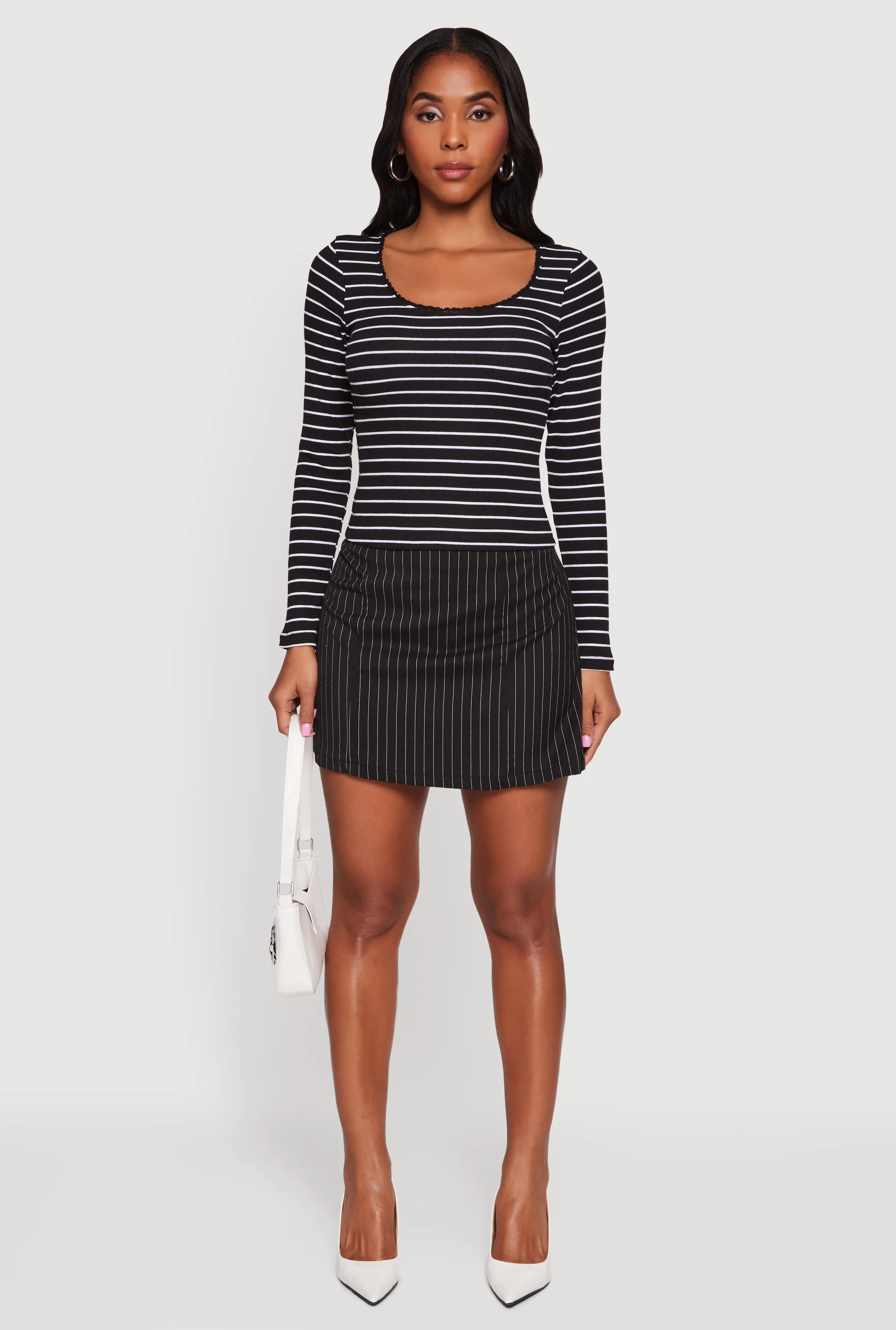 Striped Rib Knit Cropped Long Sleeve Scoop Neck Tee sold by Rainbow product image thumbnail 3