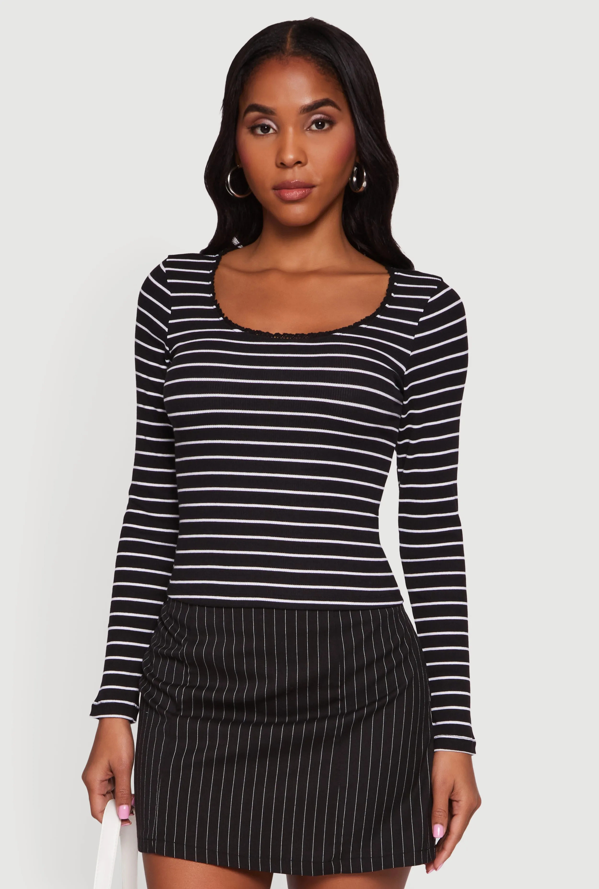 Striped Rib Knit Cropped Long Sleeve Scoop Neck Tee sold by Rainbow product image thumbnail 2