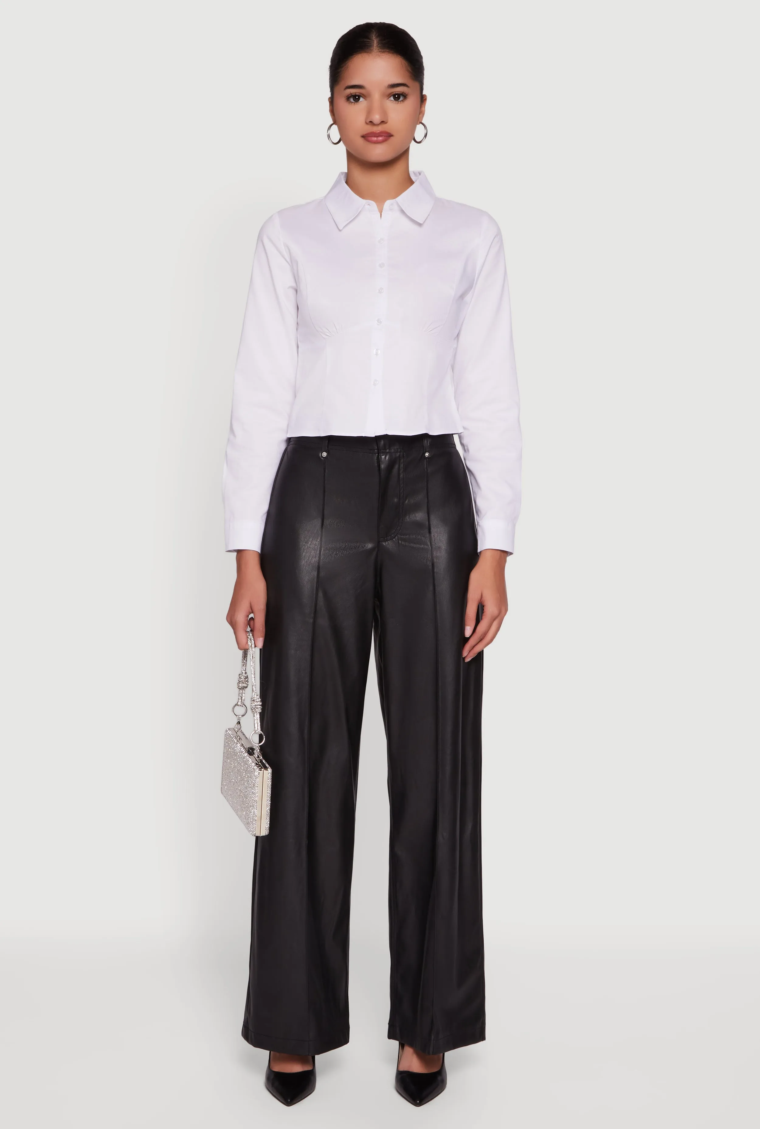 Poplin Cropped Long Sleeve Button Front Shirt sold by Rainbow product image thumbnail 3