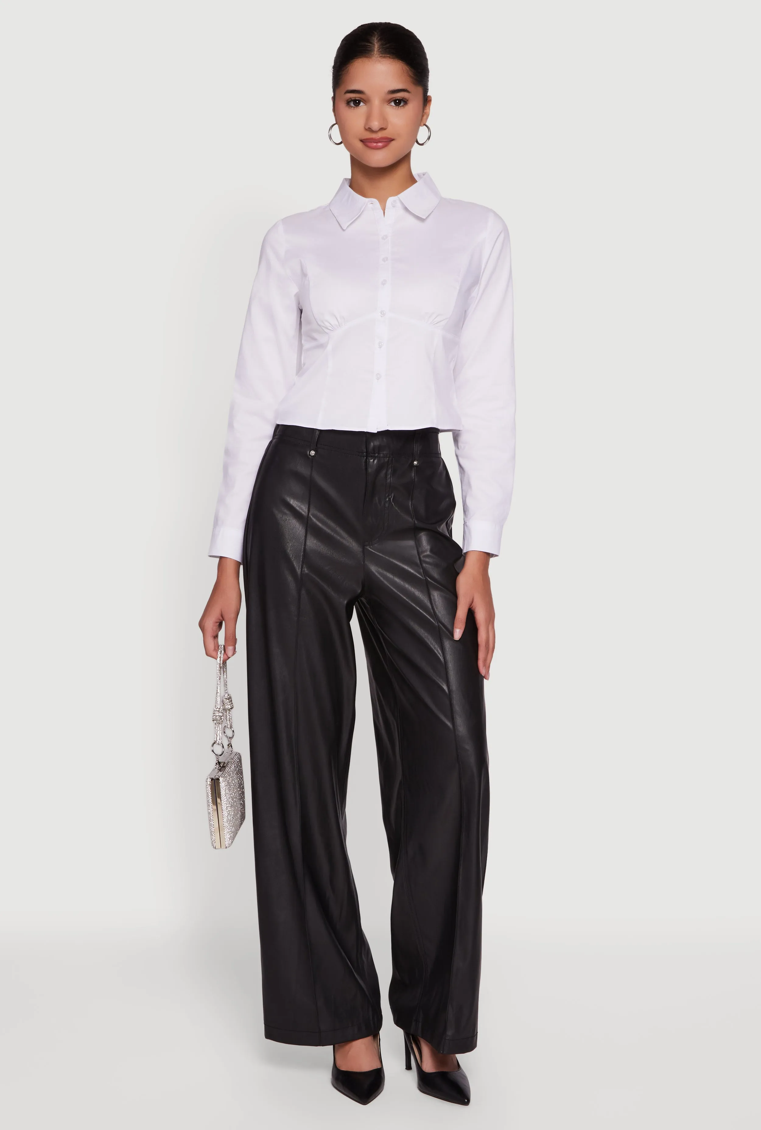 Poplin Cropped Long Sleeve Button Front Shirt sold by Rainbow