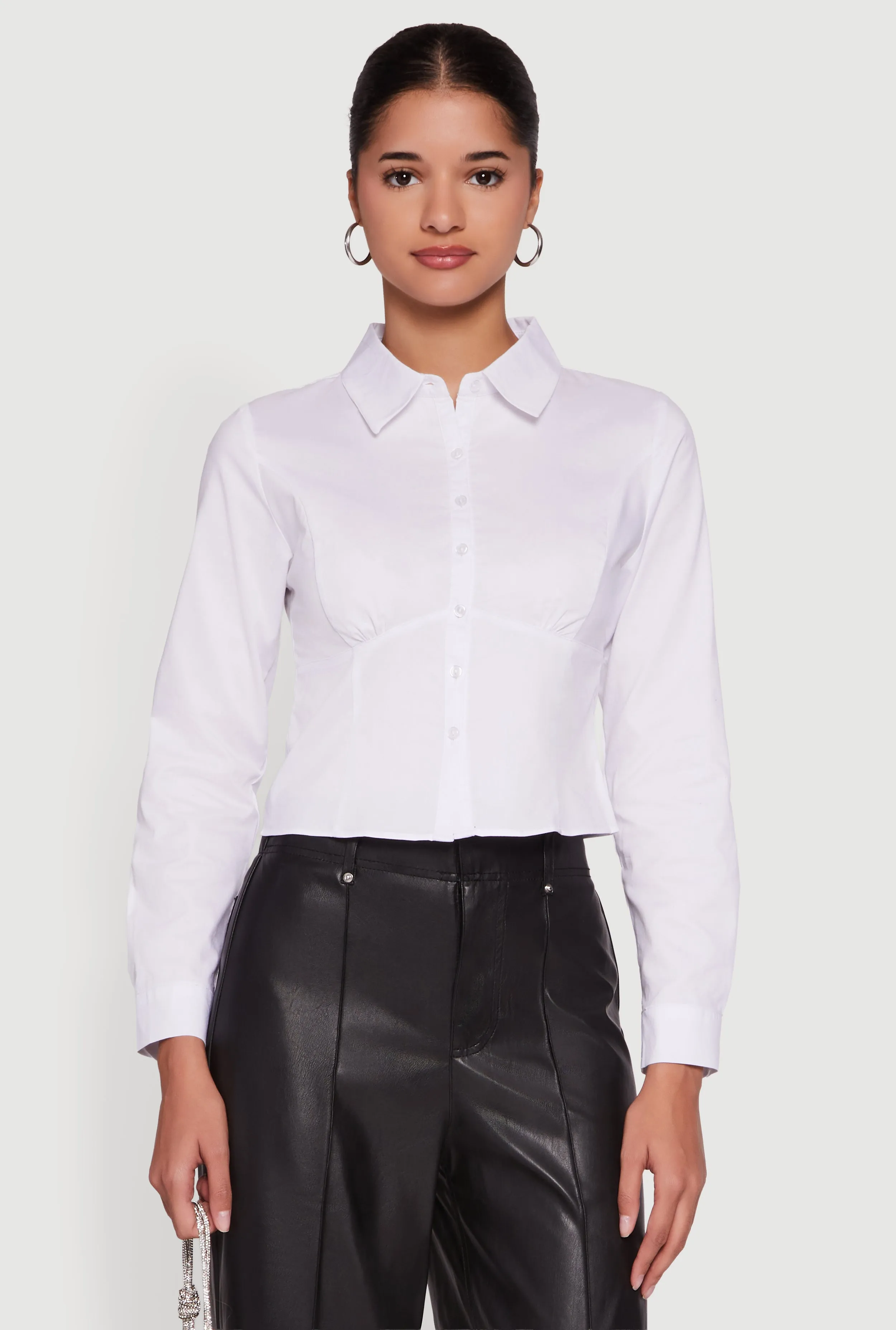 Poplin Cropped Long Sleeve Button Front Shirt sold by Rainbow product image thumbnail 2