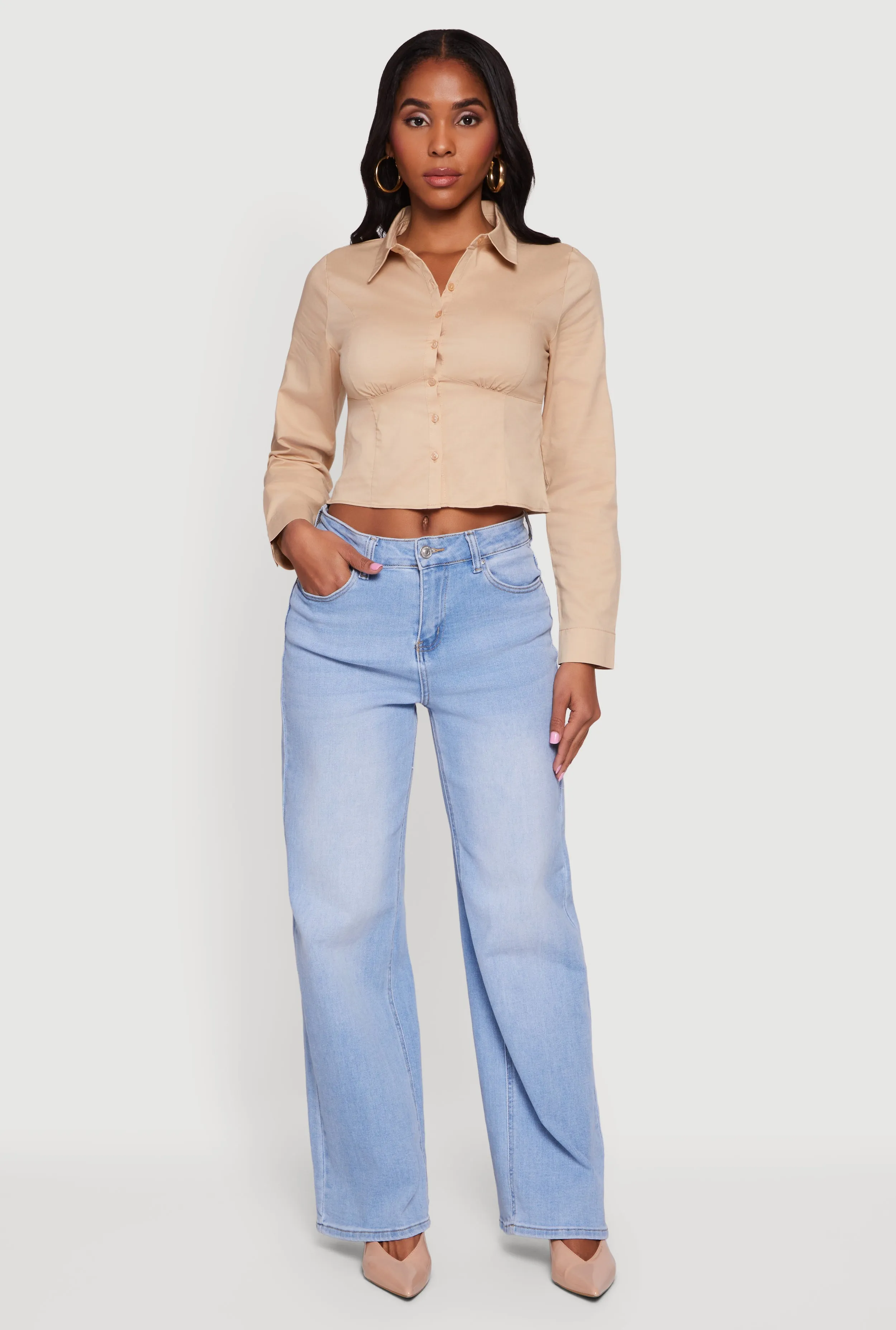 Poplin Cropped Long Sleeve Button Front Shirt sold by Rainbow