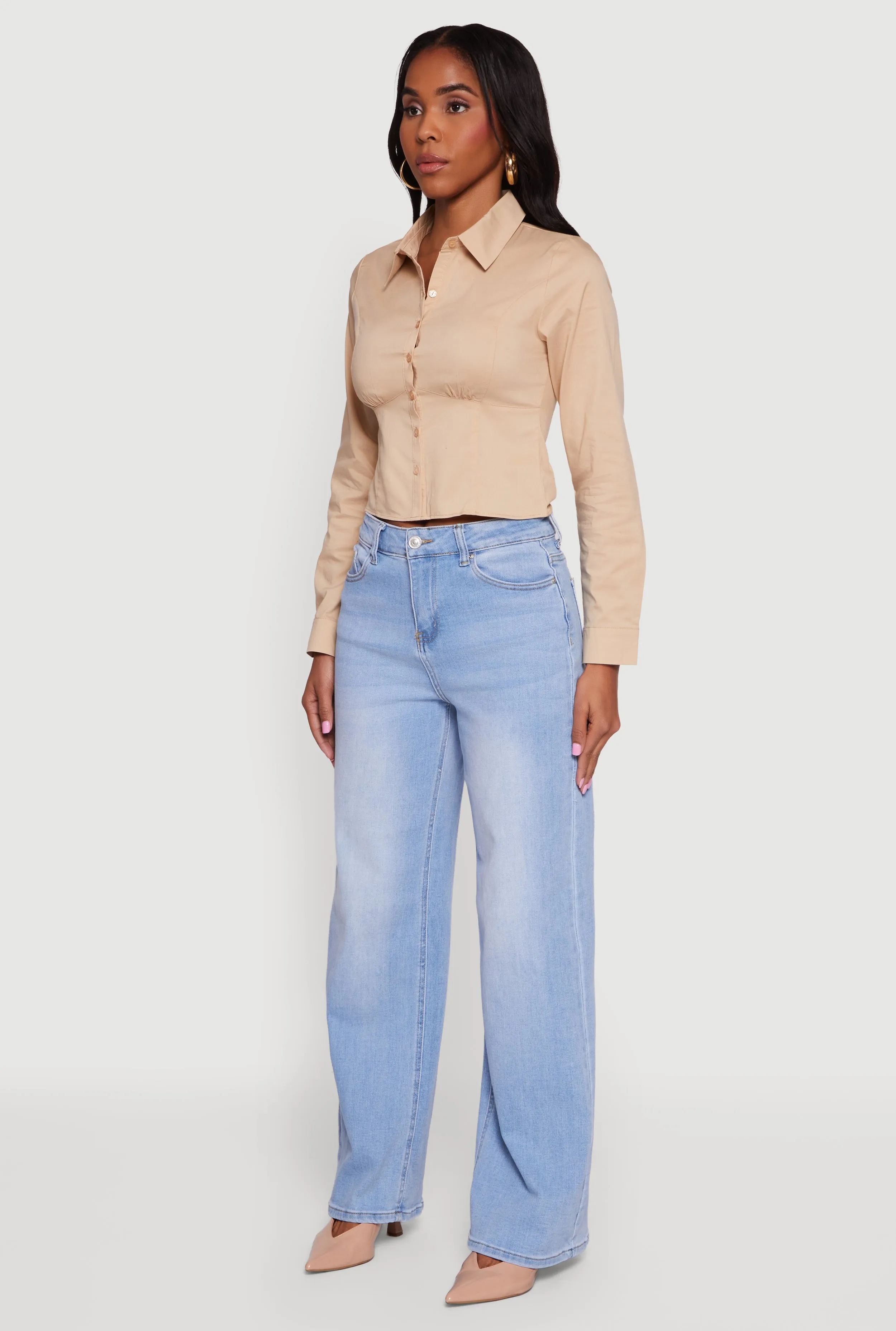 Poplin Cropped Long Sleeve Button Front Shirt sold by Rainbow product image thumbnail 5